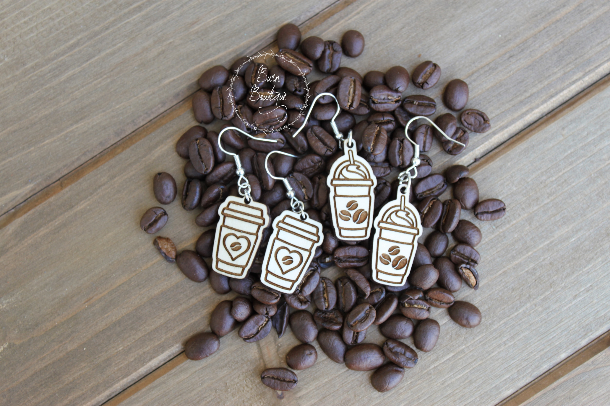 Handmade Wooden Coffee Cup Earrings, Basswood, Silver, Hot Coffee, Iced Coffee, Gifts for Her, Coffee Lover, Coffee Beans, Laser Engraved, Laser Cut