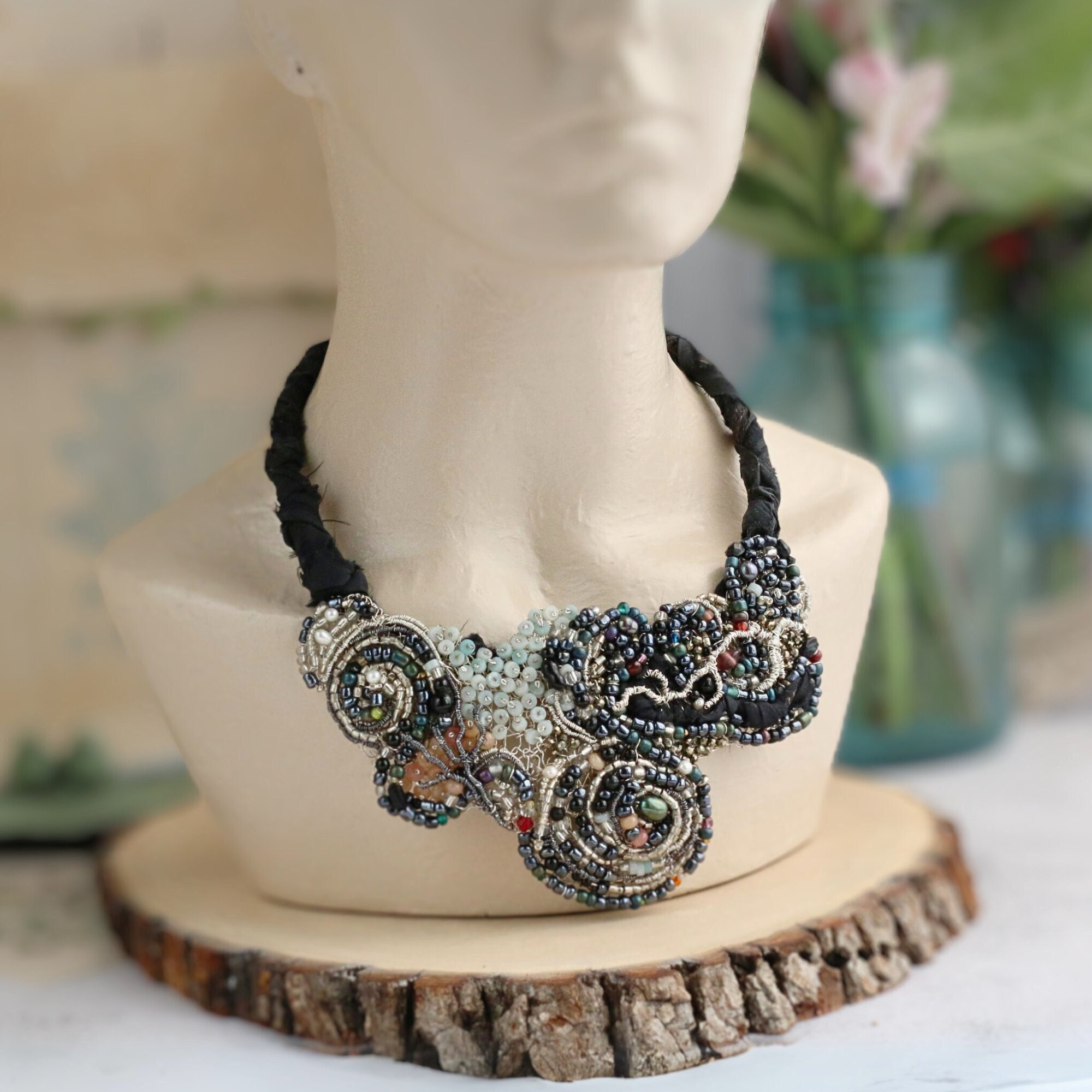 Black popular and Silver Beaded Statement Necklace - One of a Kind, Monochrome Beadwork Jewellery