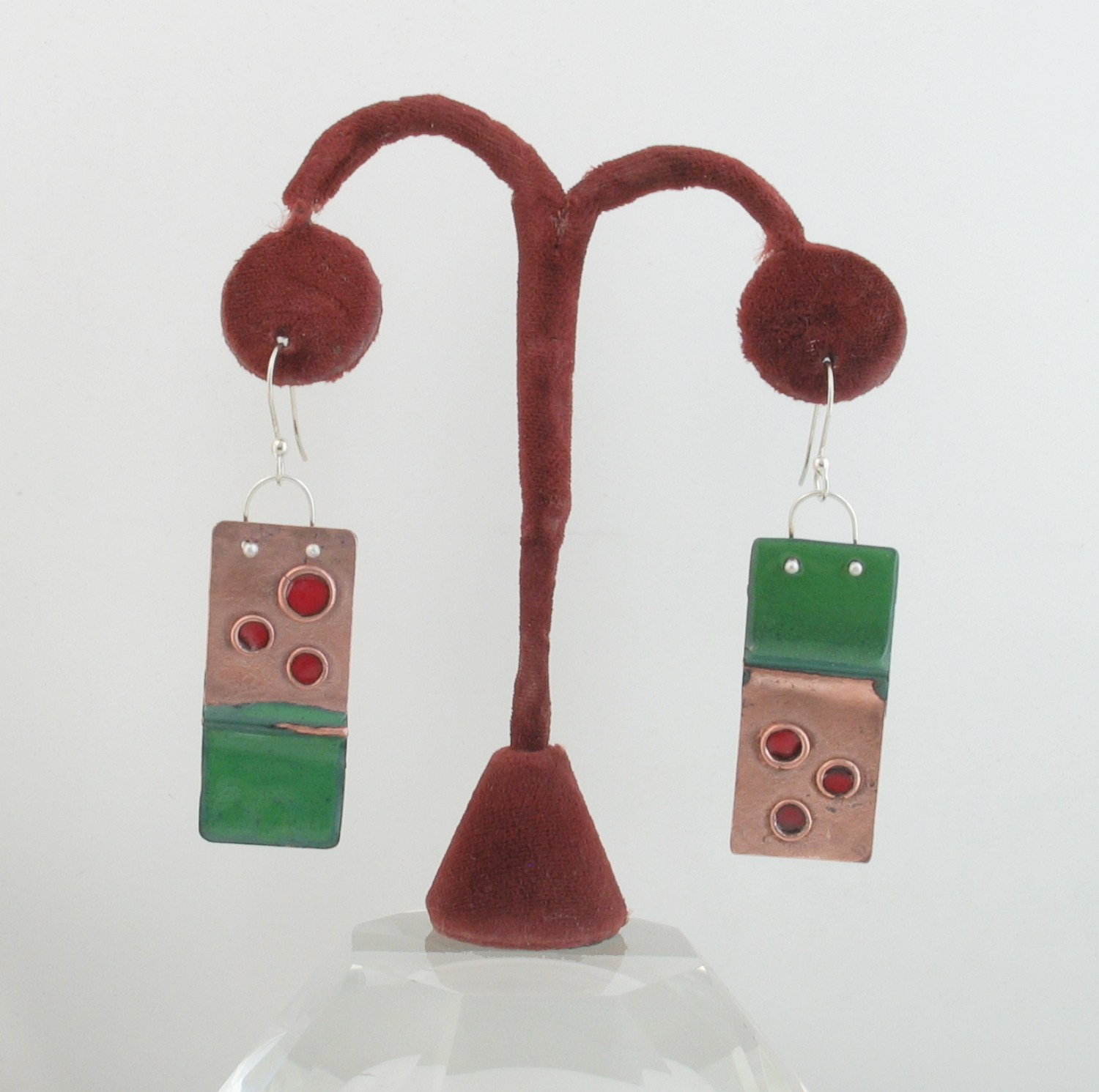 Christmas Earrings Holly Berry Copper Enameled Red and Green Dangles