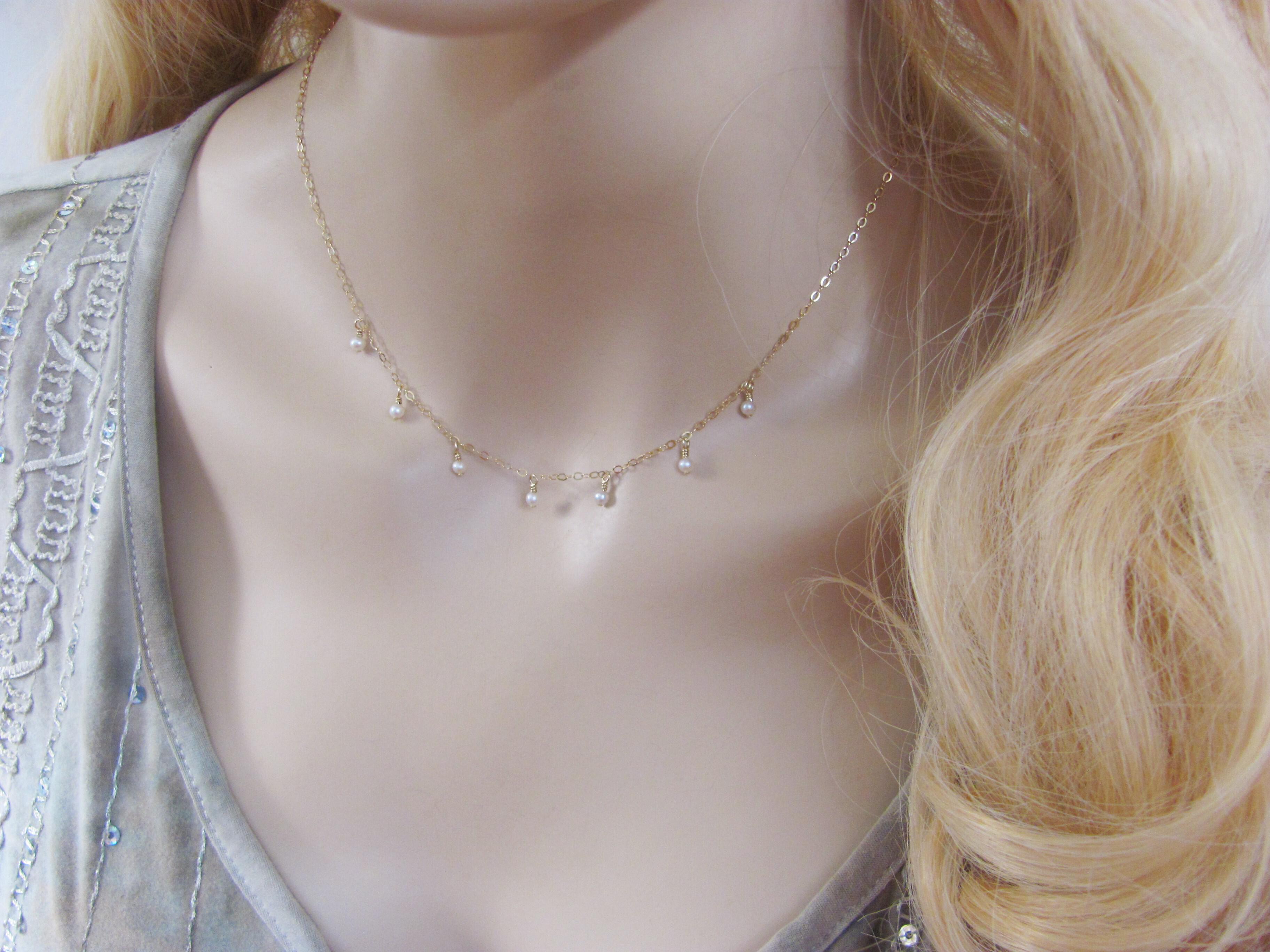 Dangling Pearl Choker Necklace in Gold or Sterling Silver