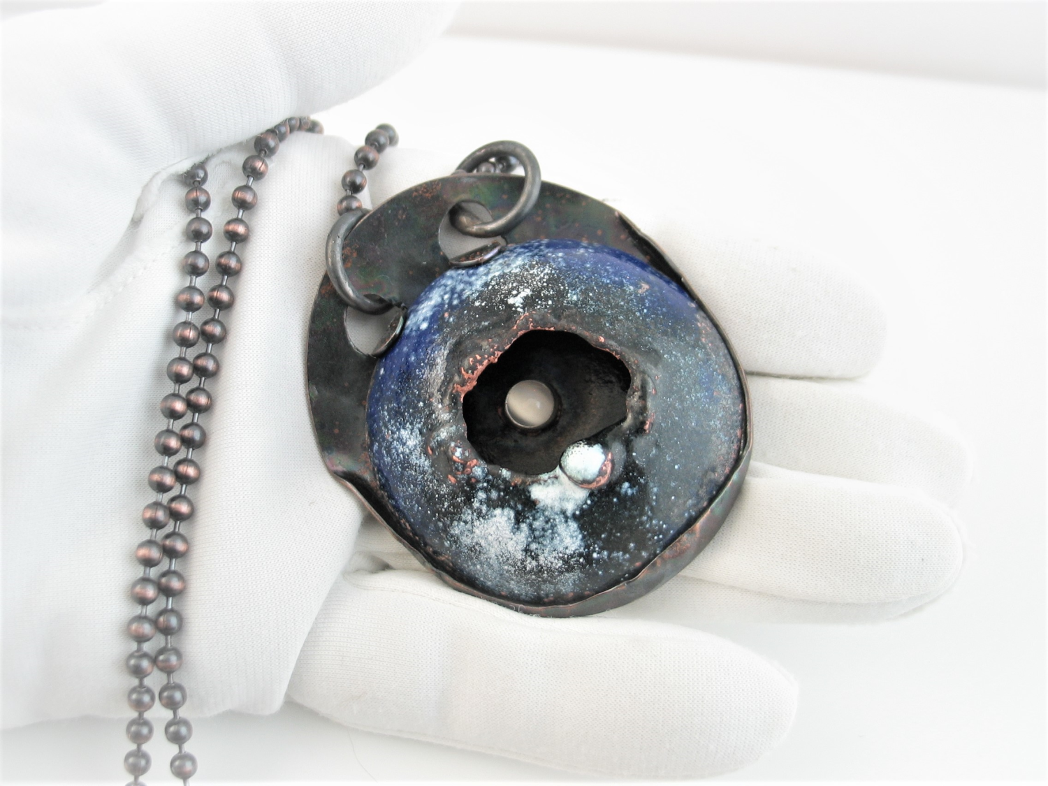 copper enamel pendant black hole with moonstone gemstone copper enamel pendant black hole with moonstone gemstone