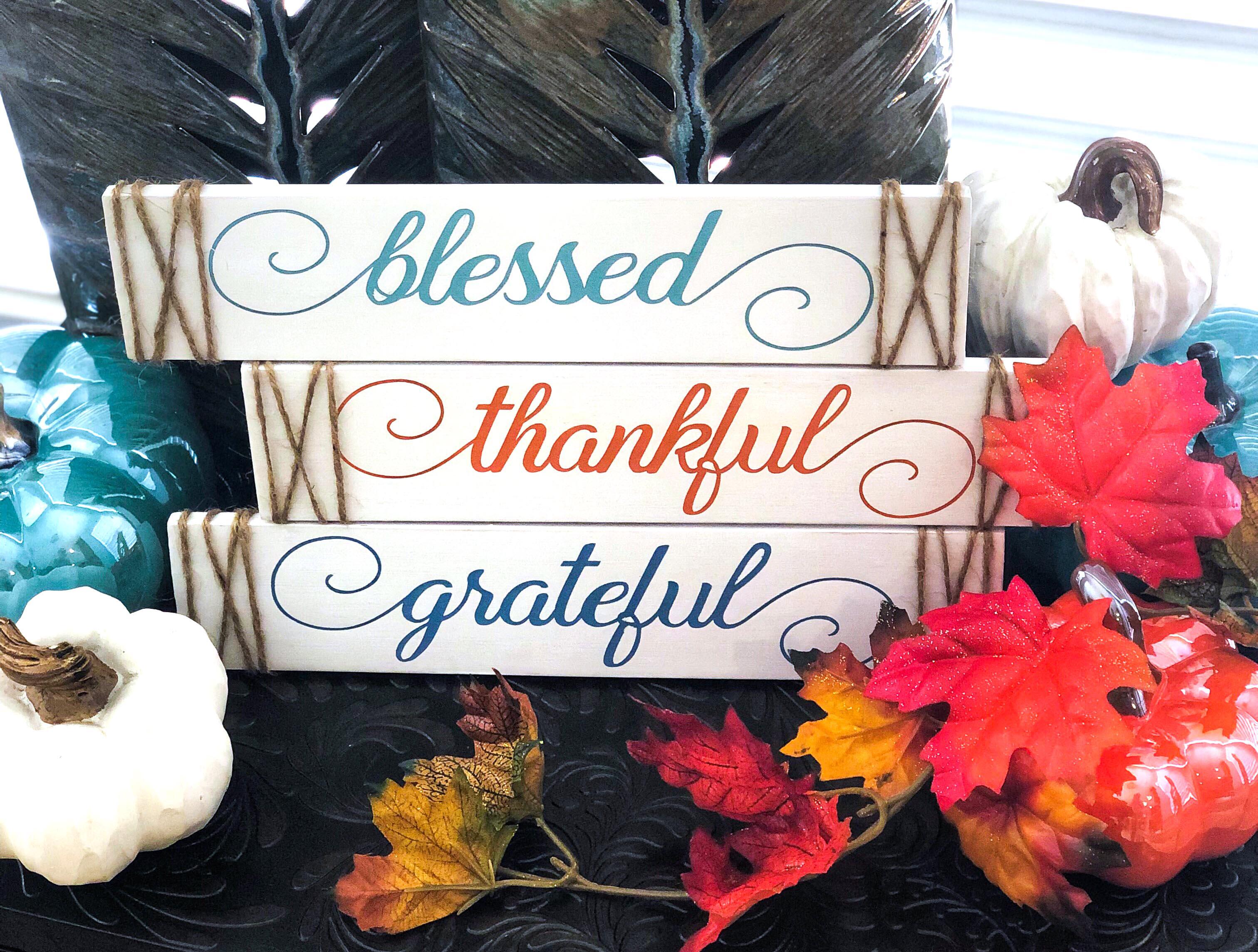 Grateful, Thankful, Blessed, Fall Wood Signs with twine