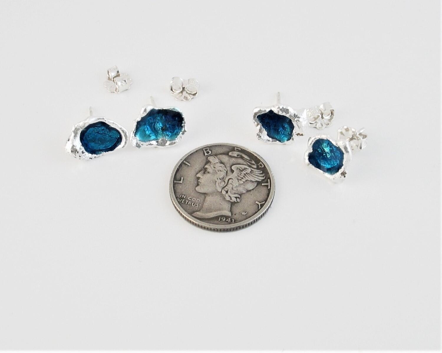 royal blue transparent enamel on fine silver stud earrings