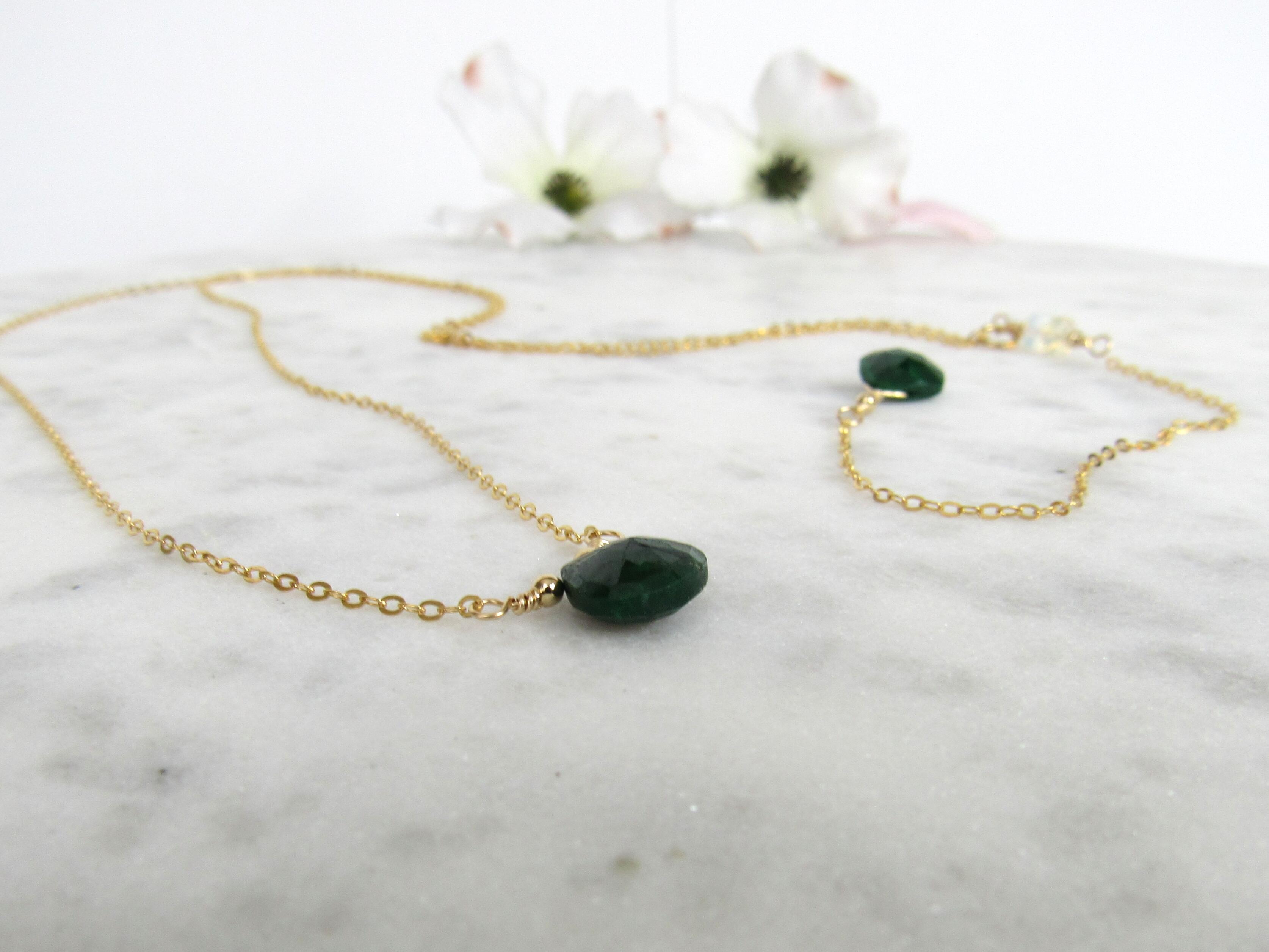 Back Drop Necklace with Genuine Emerald and Opal Gemstones