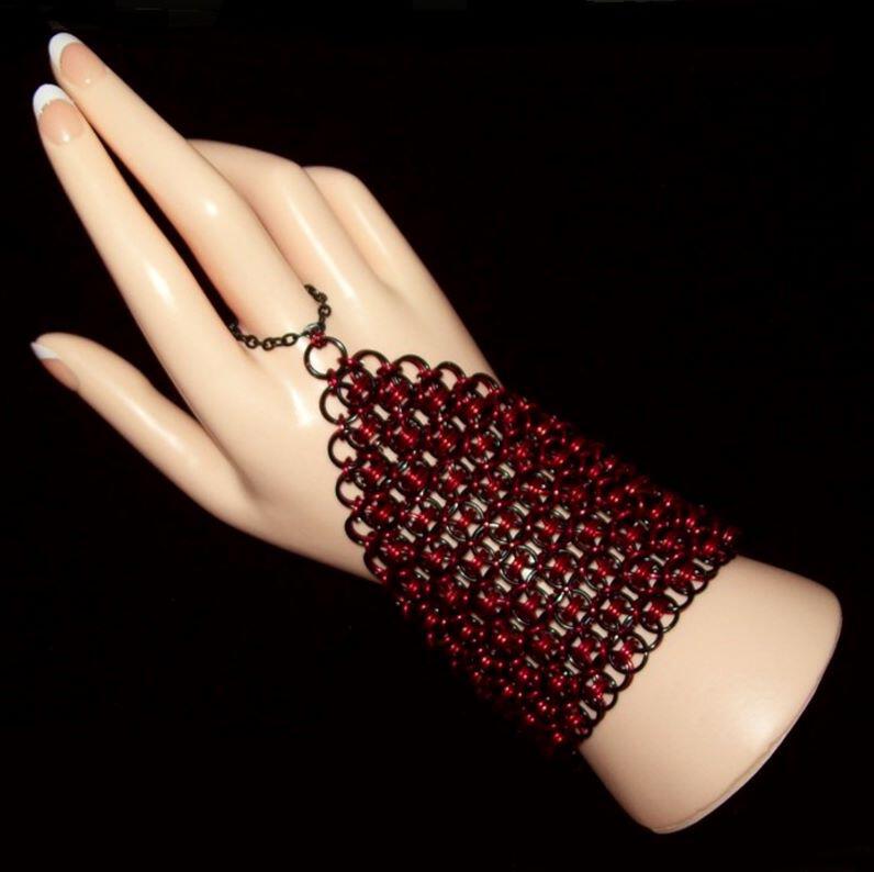 Black and red chain mail earrings