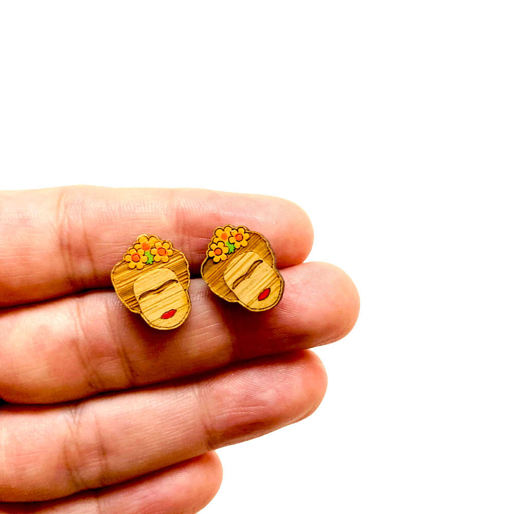 Frida Kahlo mini stud earrings painted by hand stud bamboo