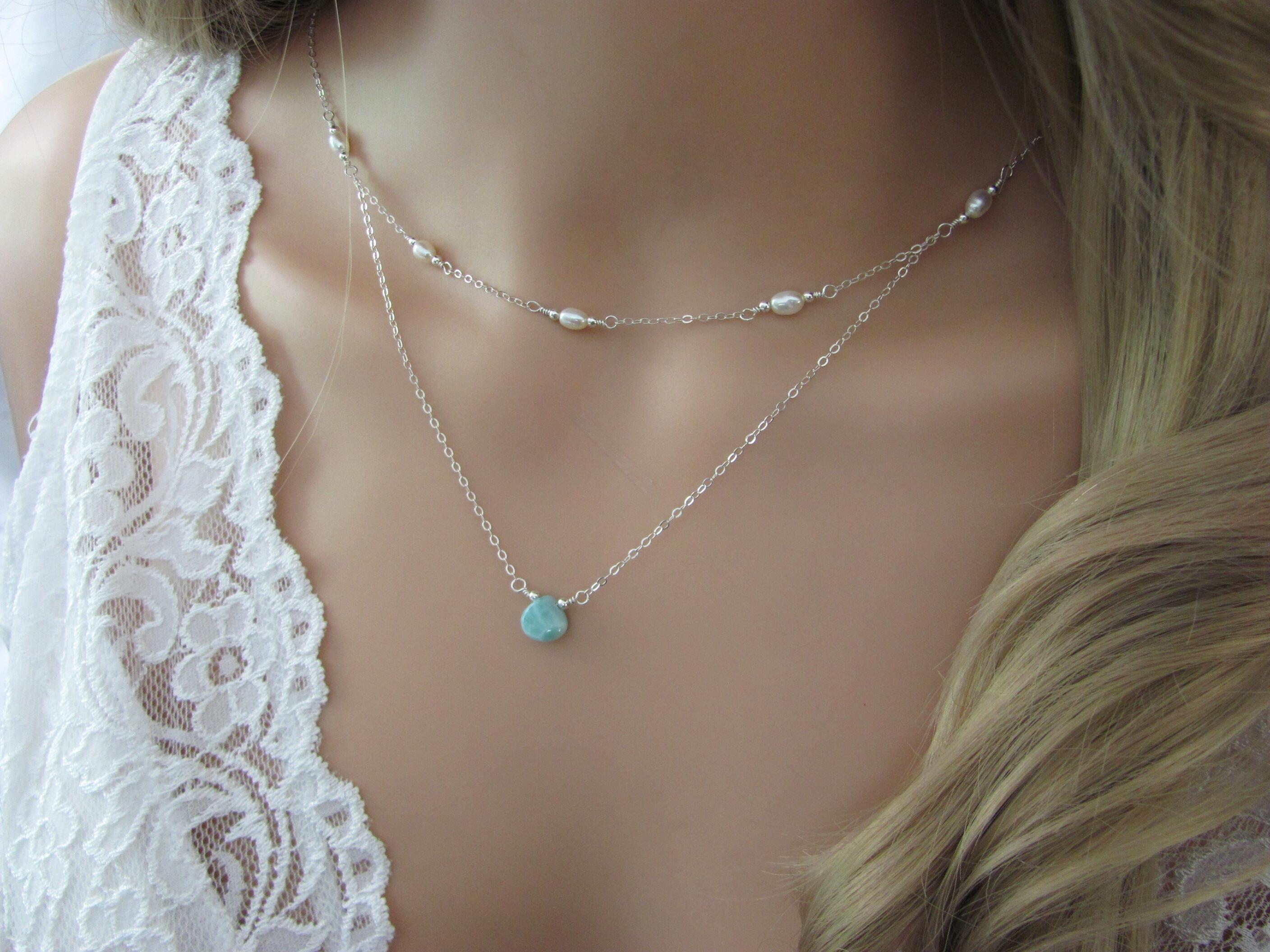 Larimar and Pearl Layering Necklaces