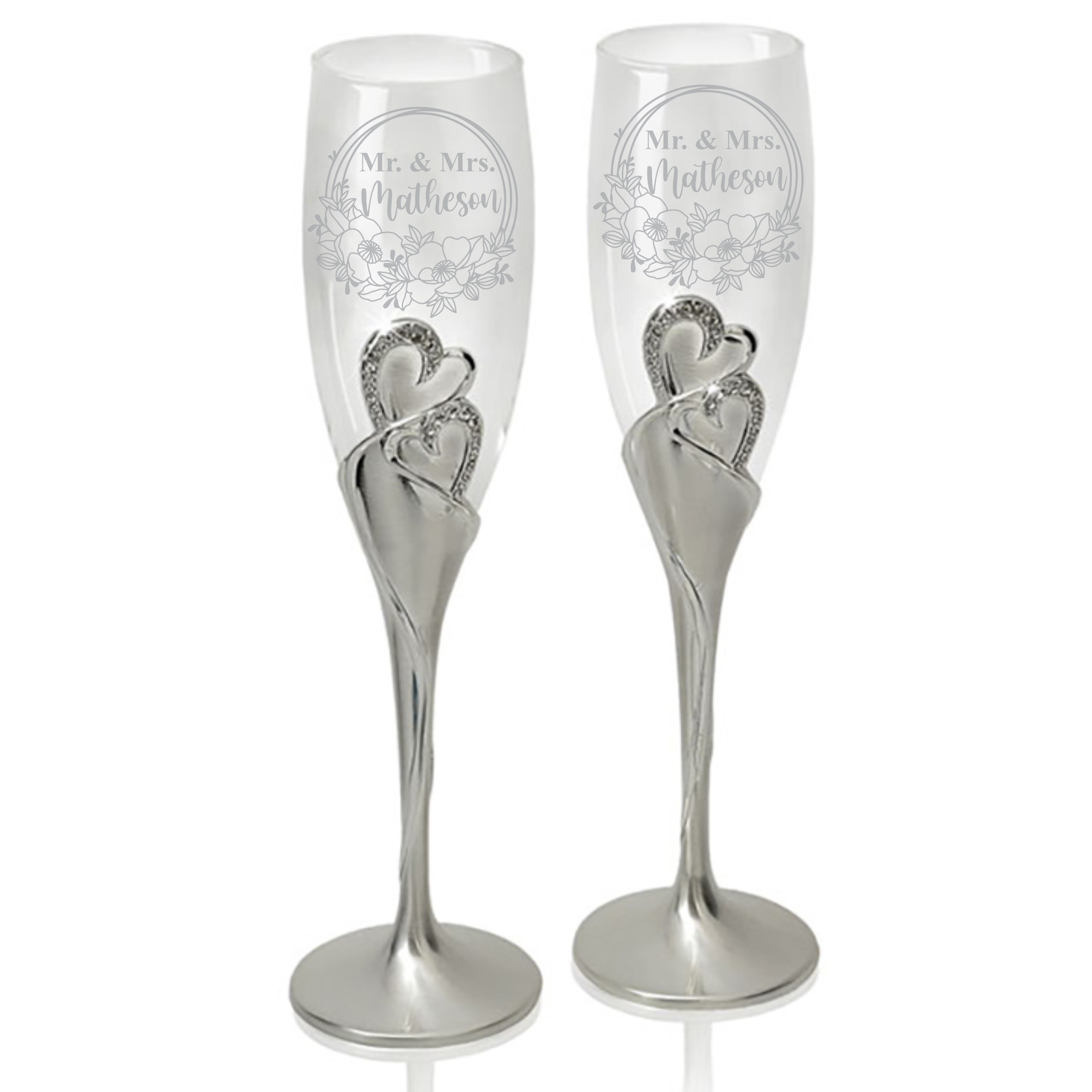 Interlocked Hearts Engraved Wedding Glass Champagne Flutes Set of 2, Size: One Size