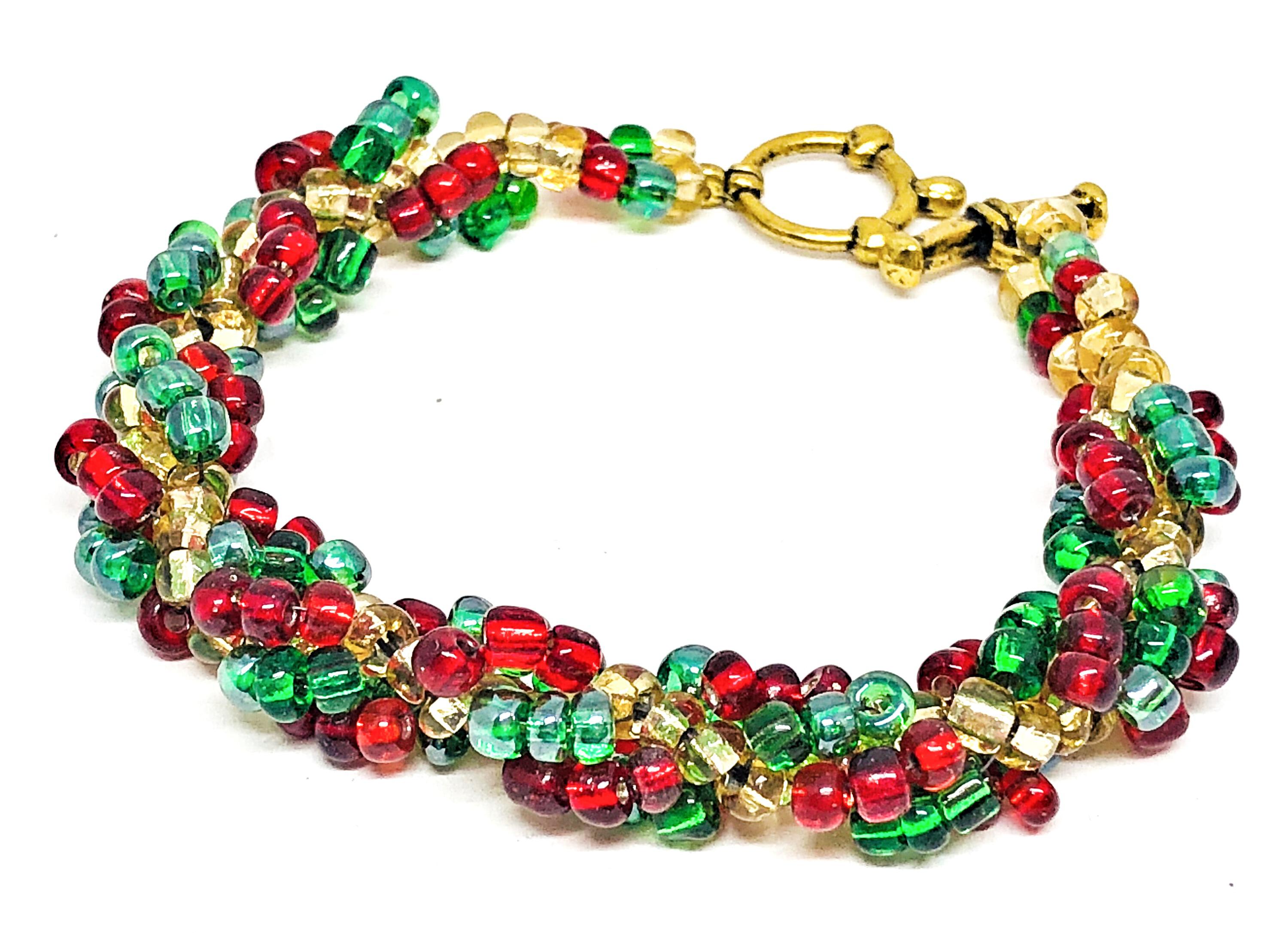 Handmade Green Red Gold Spiral Beadweaving Bracelet