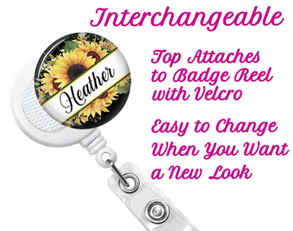 Example of interchangeable  badge reel and topper