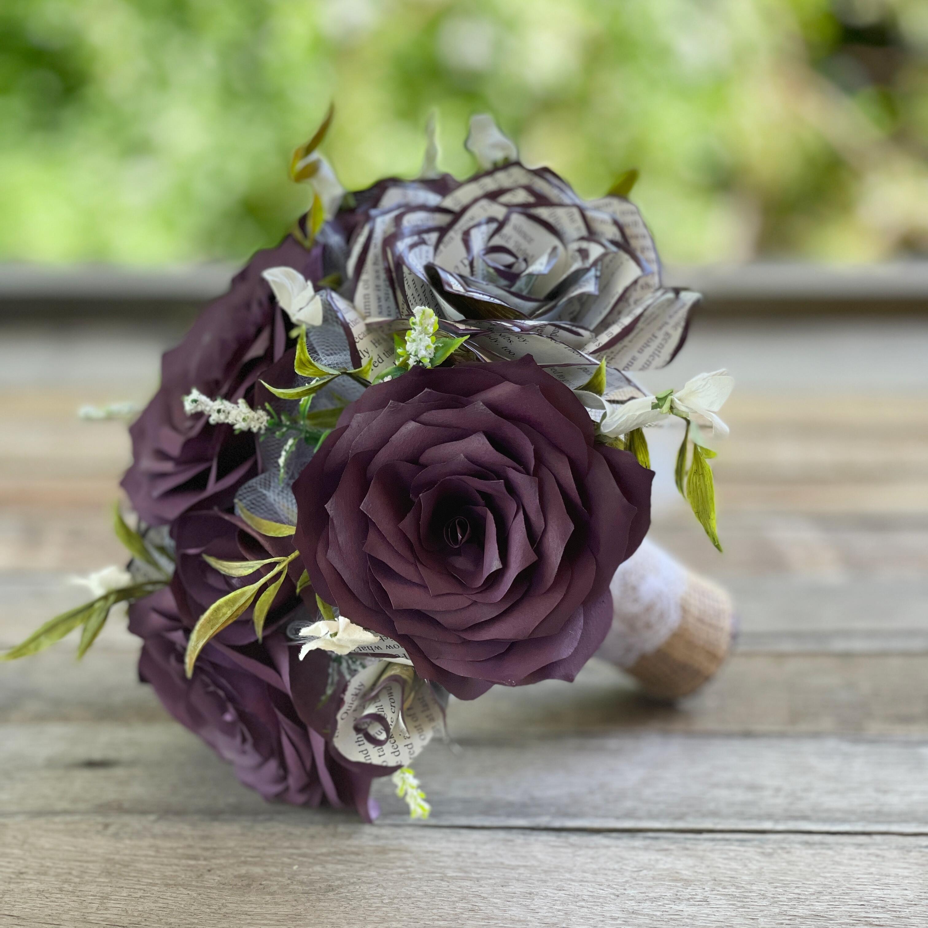 Purple grey and book bouquet, Paper flowers, Halloween bouquet, Glitter roses, Custom colours and shops book, Bridal bouquet, Wedding flowers