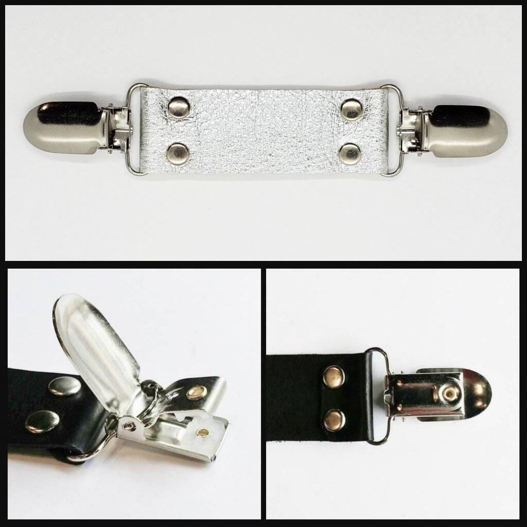 Silver metallic leather cinch clip, dress clip, jacket clip, shirt