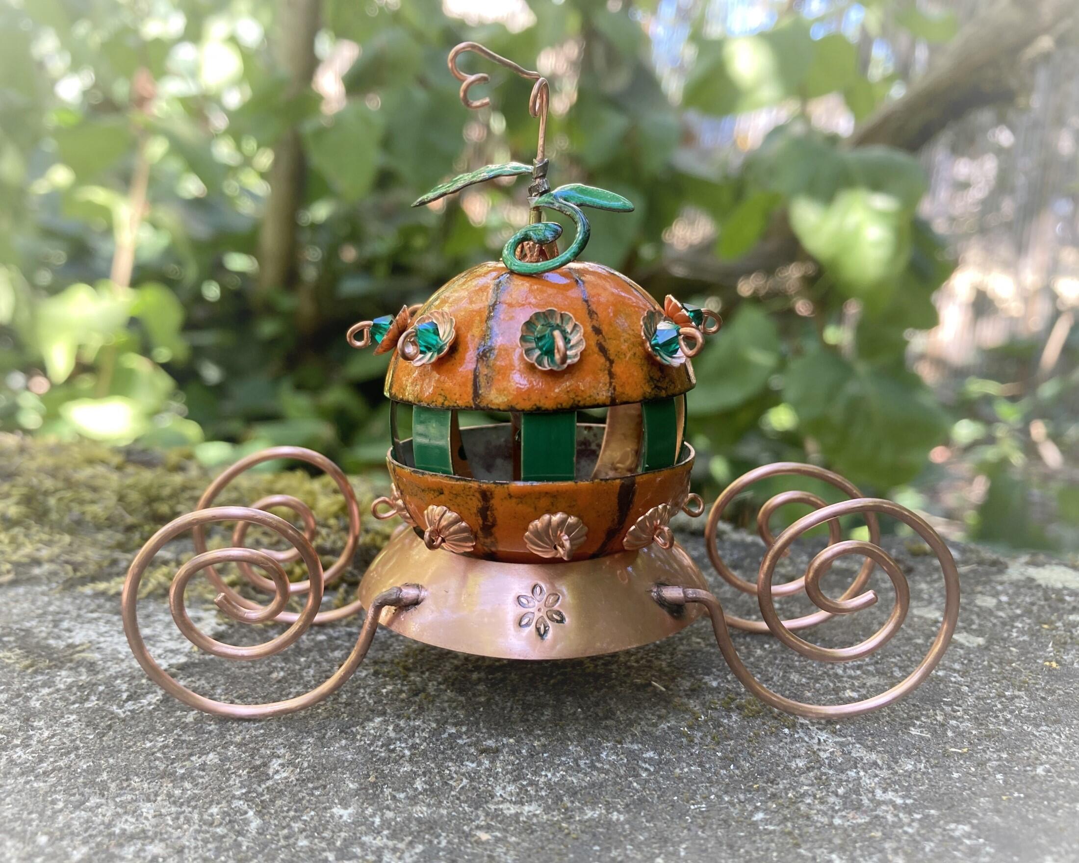 miniature pumpkin carriage made of copper enamel and copper wire