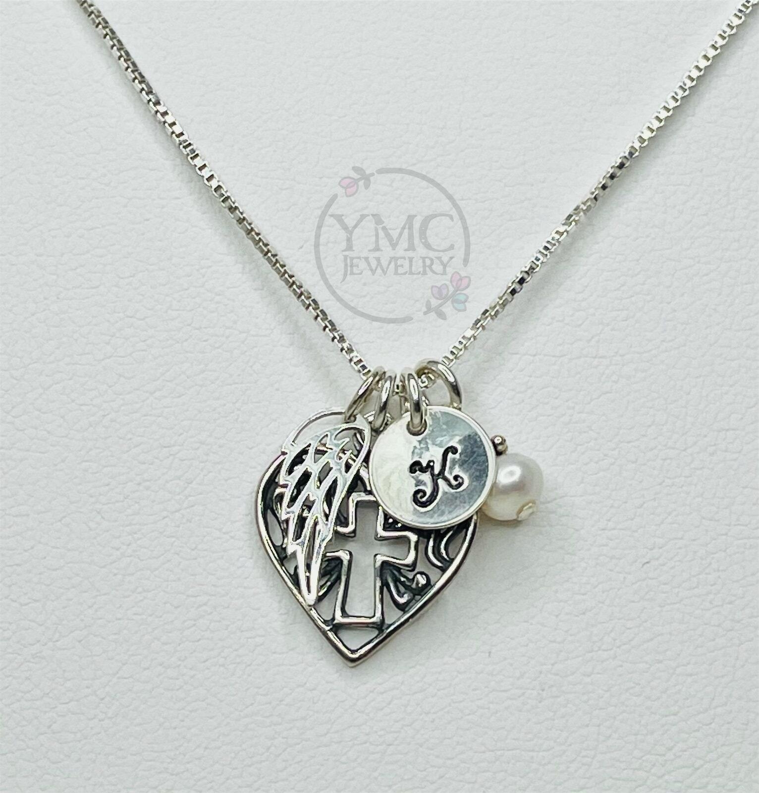 Personalized Angel Wing Necklace Sterling Silver Mothers Necklace Initial  Necklace Monogram Jewelry Gift for Mom Memorial Jewelry