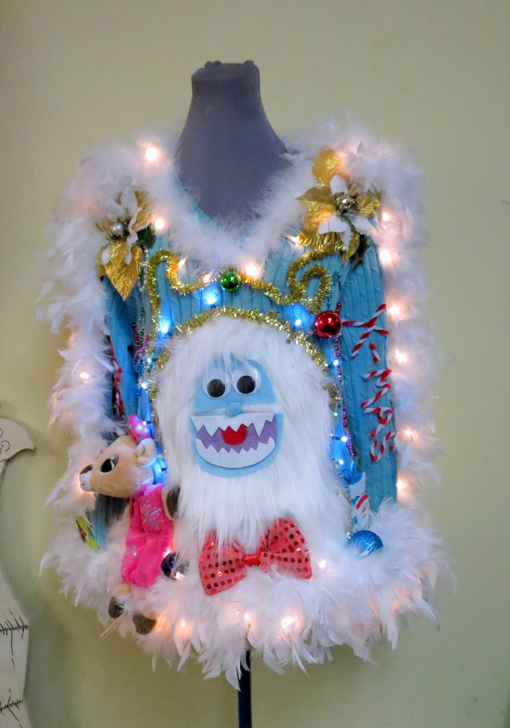 Yeti Abominable Snowman Sweater Light UP Sweater Tacky Ugly Christmas Sweater Tons of lights Fun Sweater Fluffy Feather Boa Trim