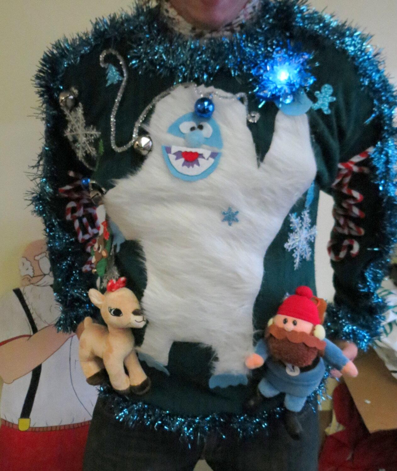 UGLY CHRISTMAS Sweater, Abominable Snowman from Rudolph, Yeti, Lights Up! One of a Kind Winner! Women 2X outlet