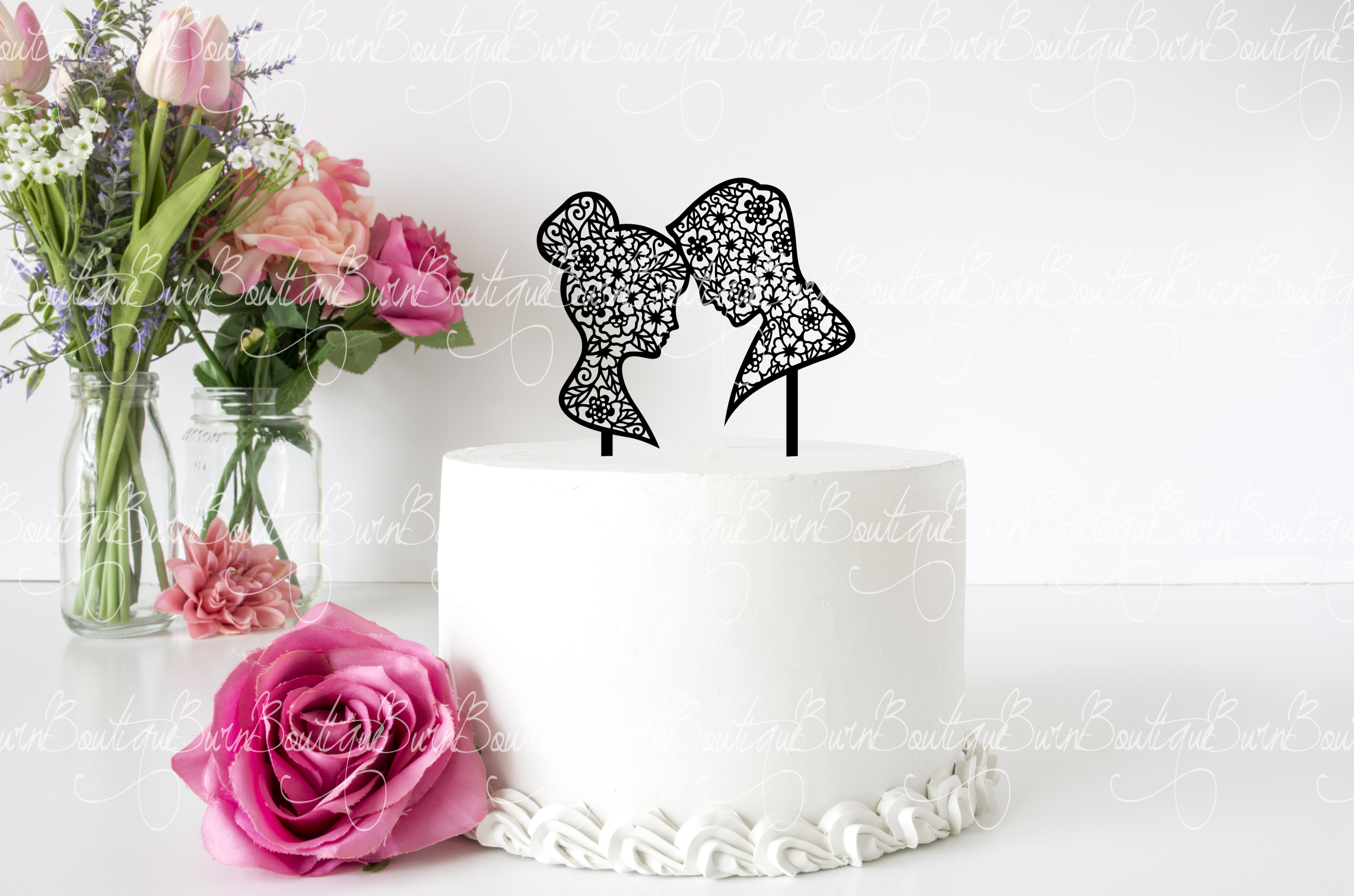 Wedding & Celebrations :: Wedding Decorations :: 6 inch Floral Bride and  Groom Resting Heads Wedding Cake Topper, Cake Topper, Laser Cut, Bride and  Groom Silhouette, Wood, Acrylic