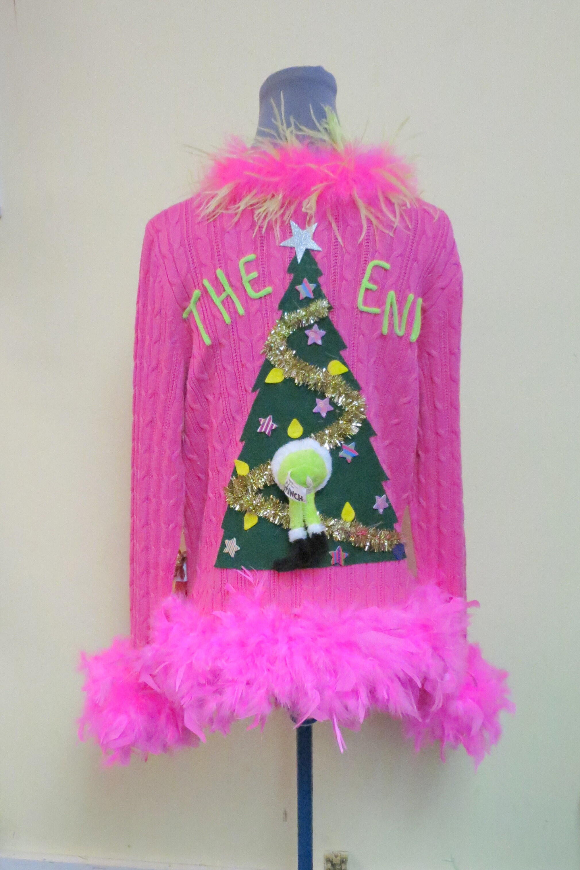 FLAMINGO Ugly Christmas Sweater Boa Feathers Tacky Lights Up Women's small