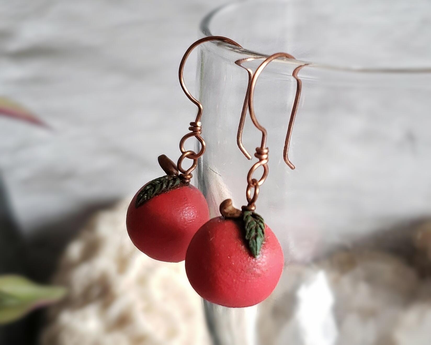 Red Apple Polymer Clay Copper Earrings