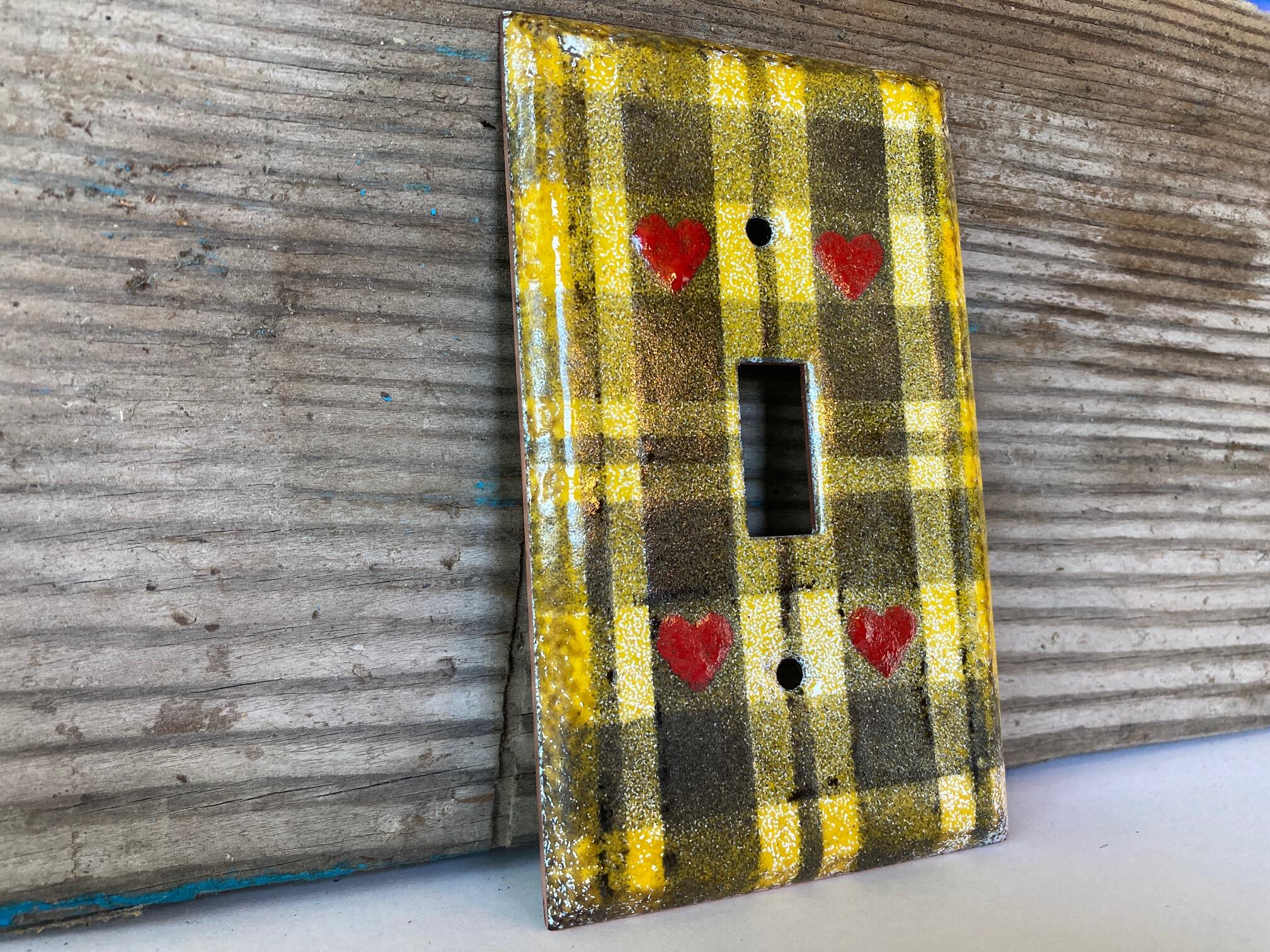 enameled copper single pole light switch cover plate shades of yellow and black plaid with red hearts