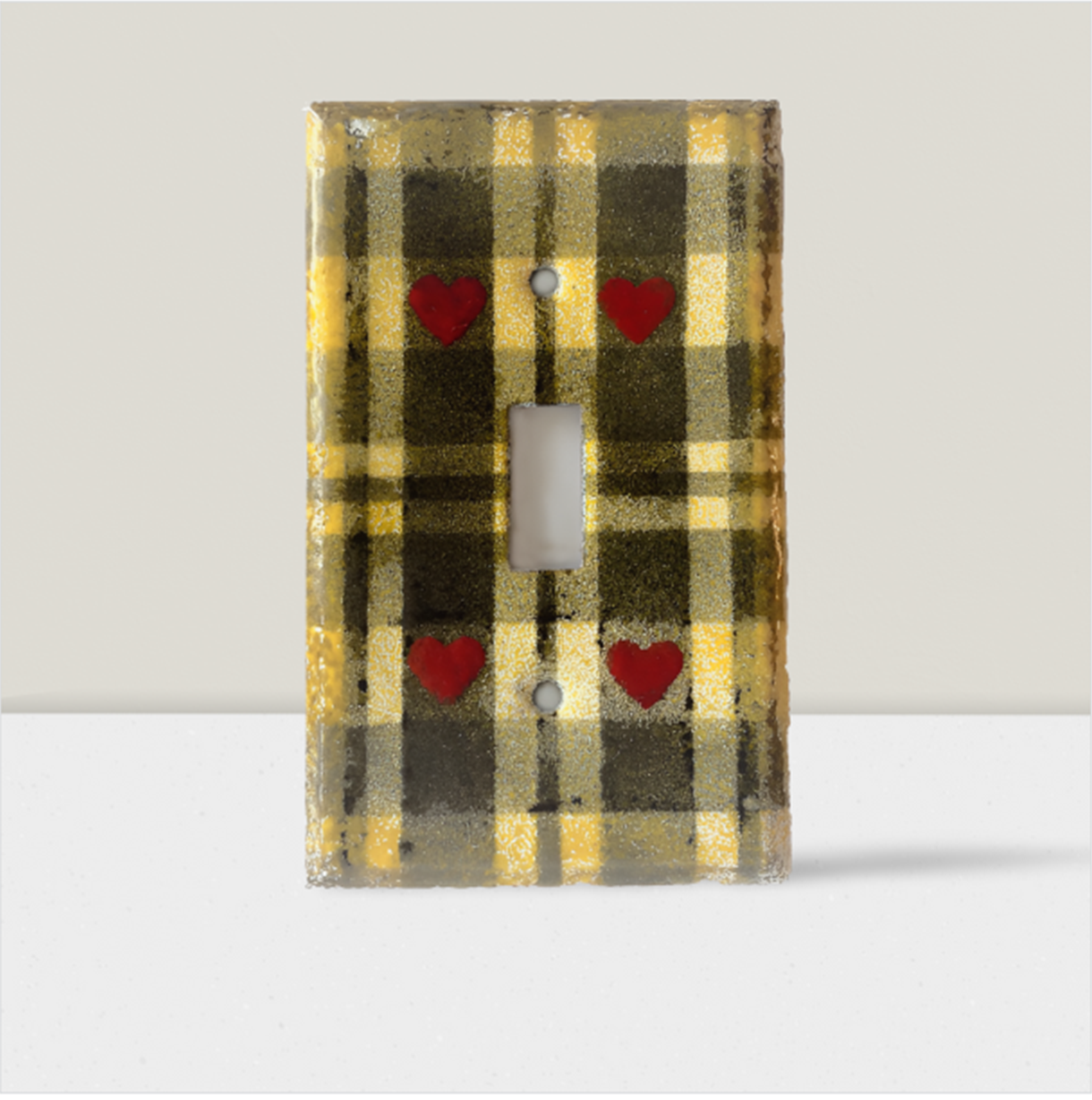 enameled copper single pole light switch cover plate shades of yellow and black plaid with red hearts