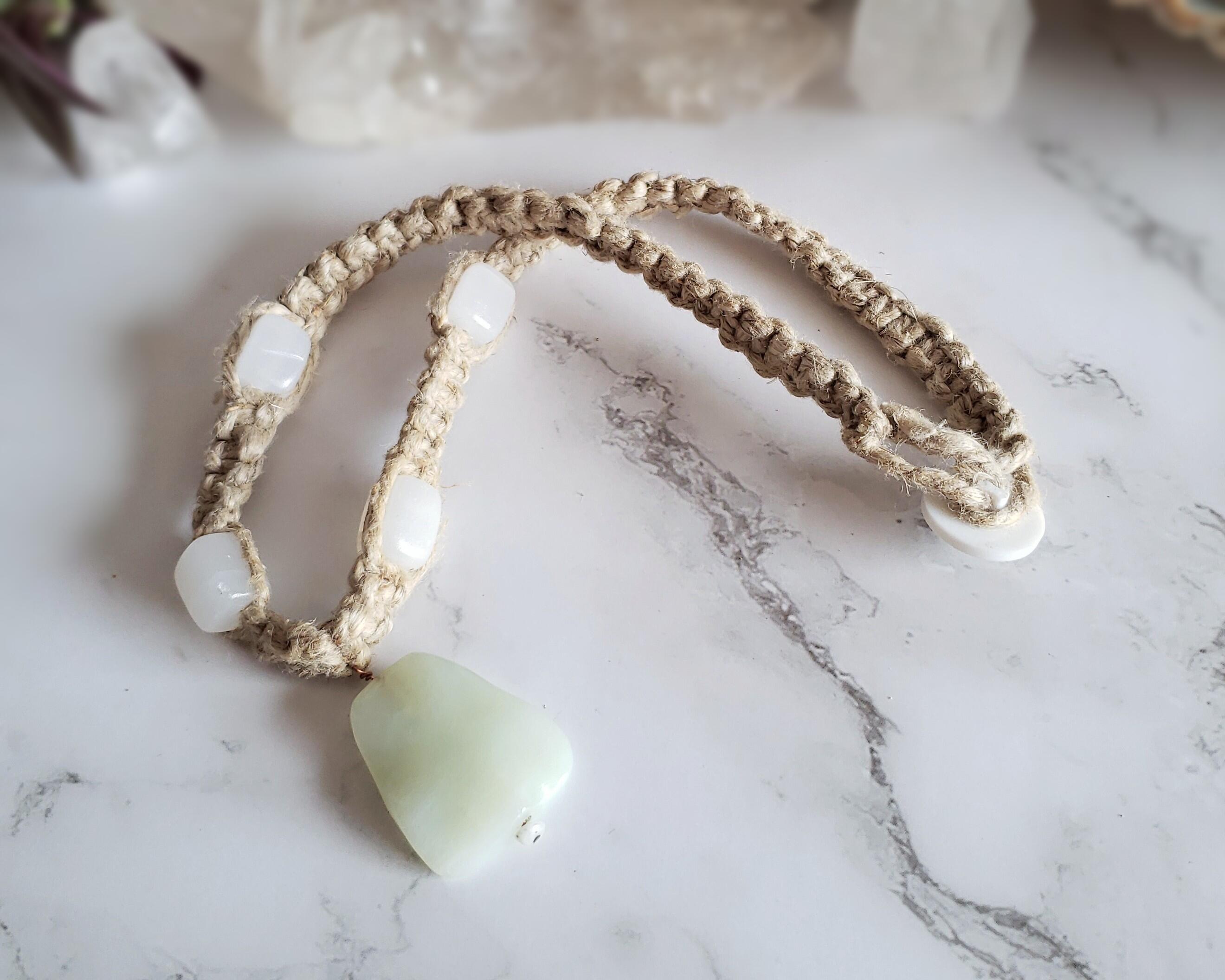 White Calcite and Green Serpentine Hemp Necklace