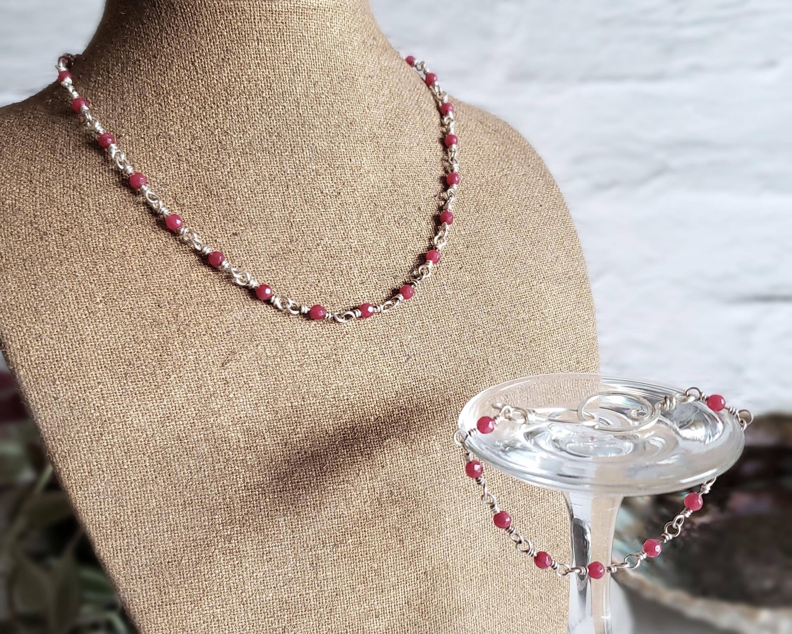 Fine Silver Ruby Necklace and Bracelet Jewelry Set