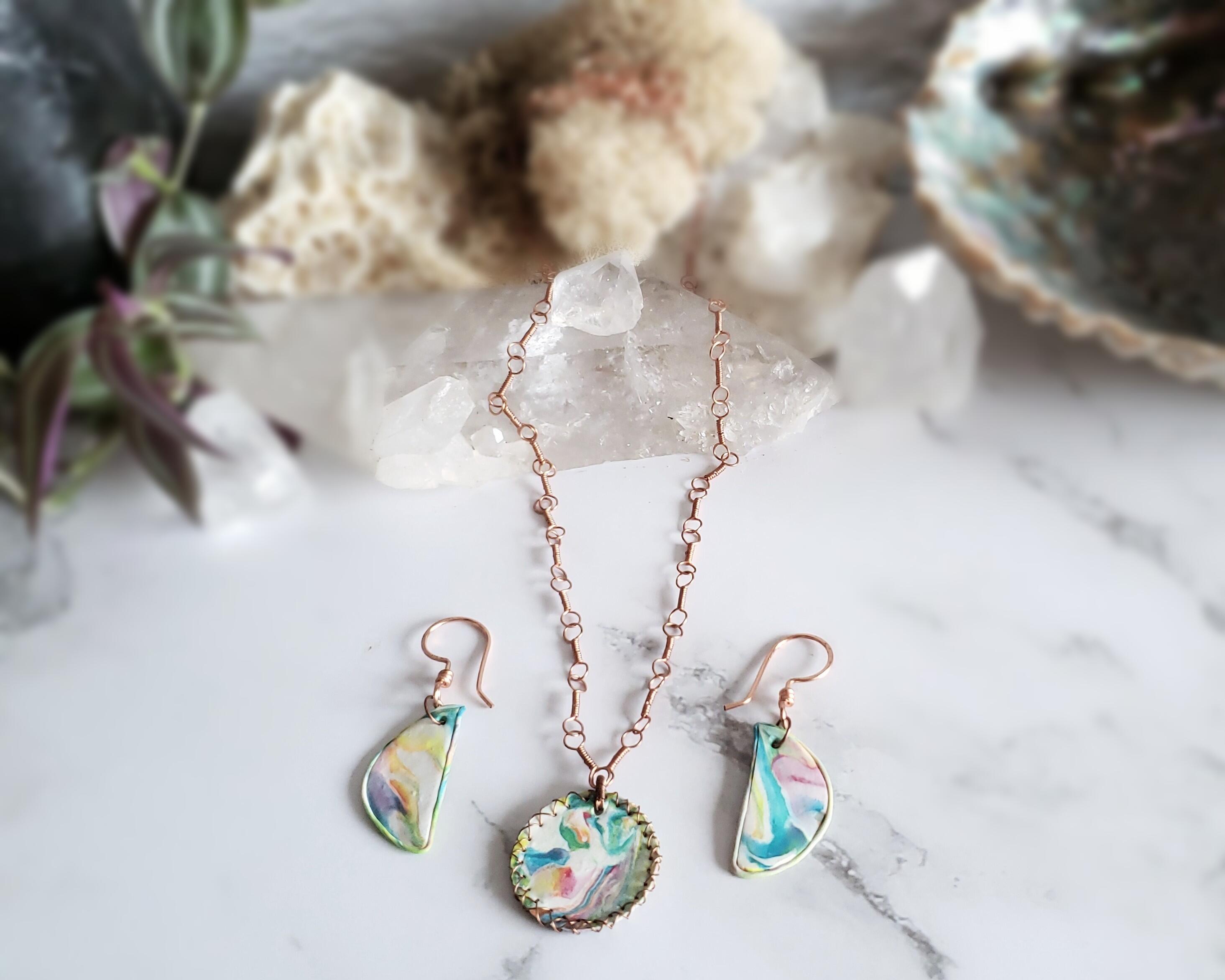 Watercolor Copper Necklace and Earrings Jewelry Set