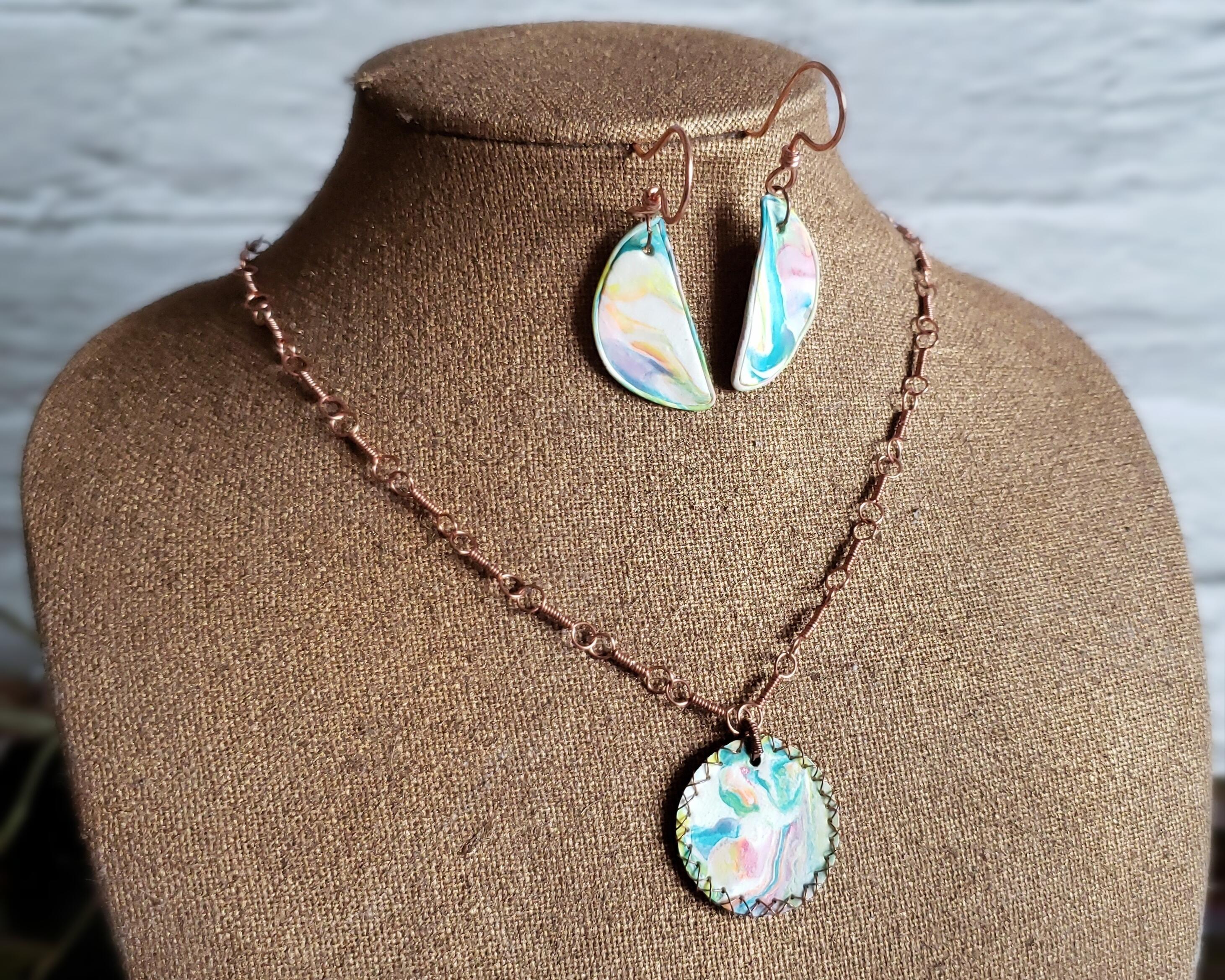 Watercolor Copper Necklace and Earrings Jewelry Set