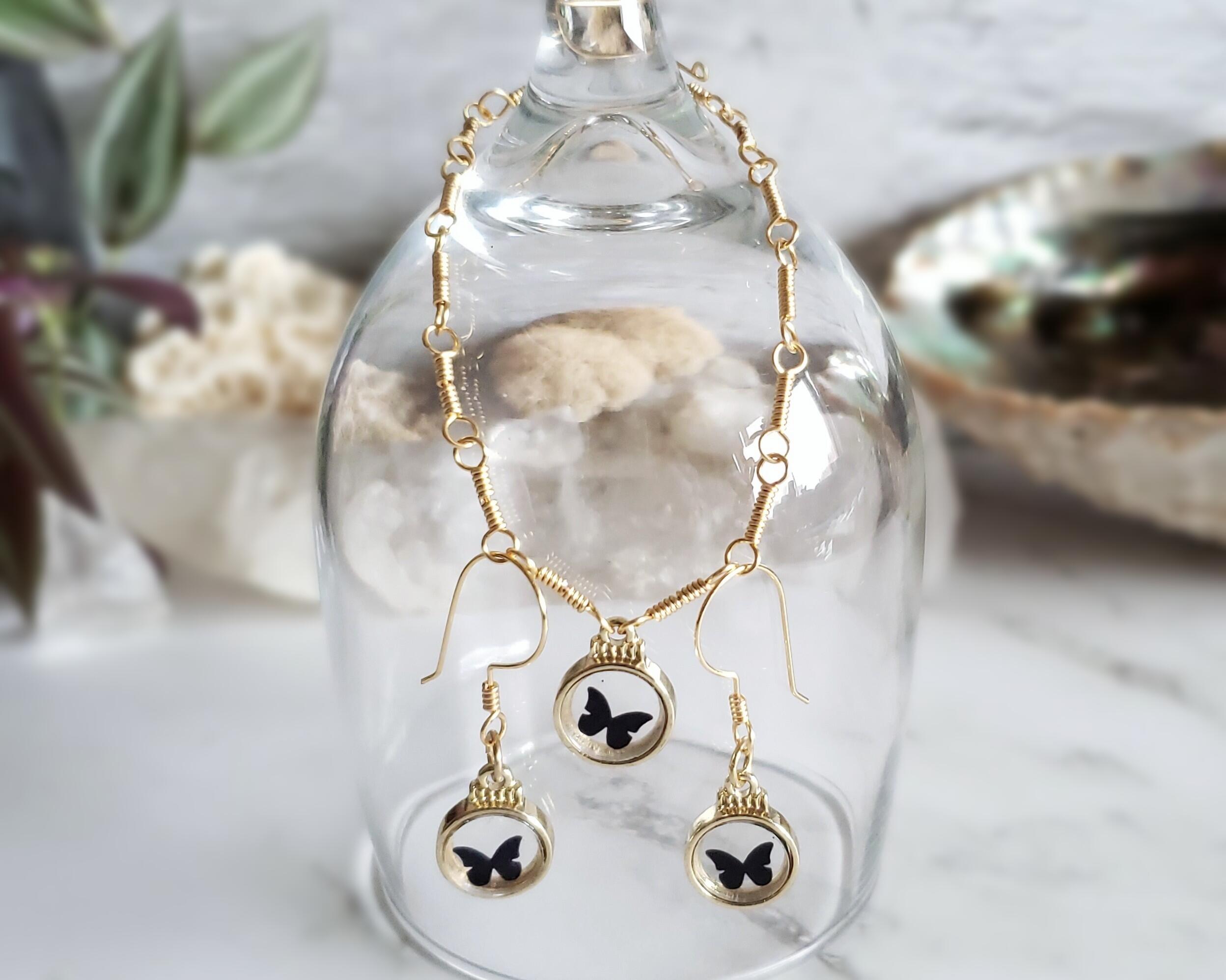 Gold Sterling Butterfly Earrings and Bracelet Jewelry Set