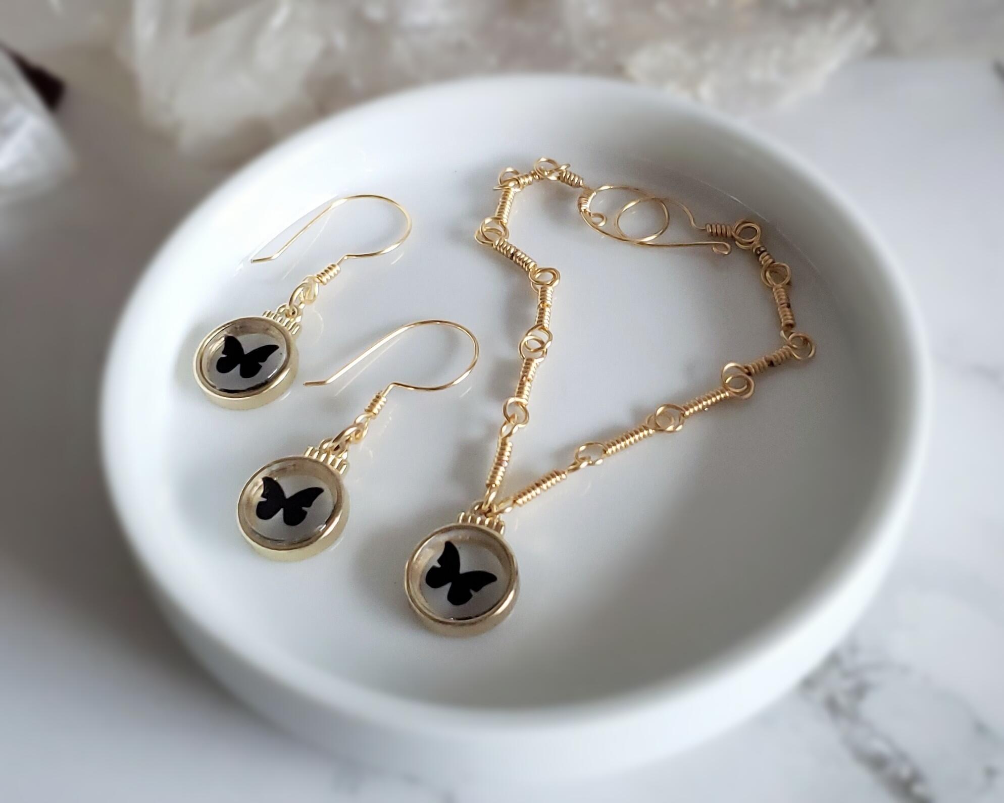 Gold Sterling Butterfly Earrings and Bracelet Jewelry Set