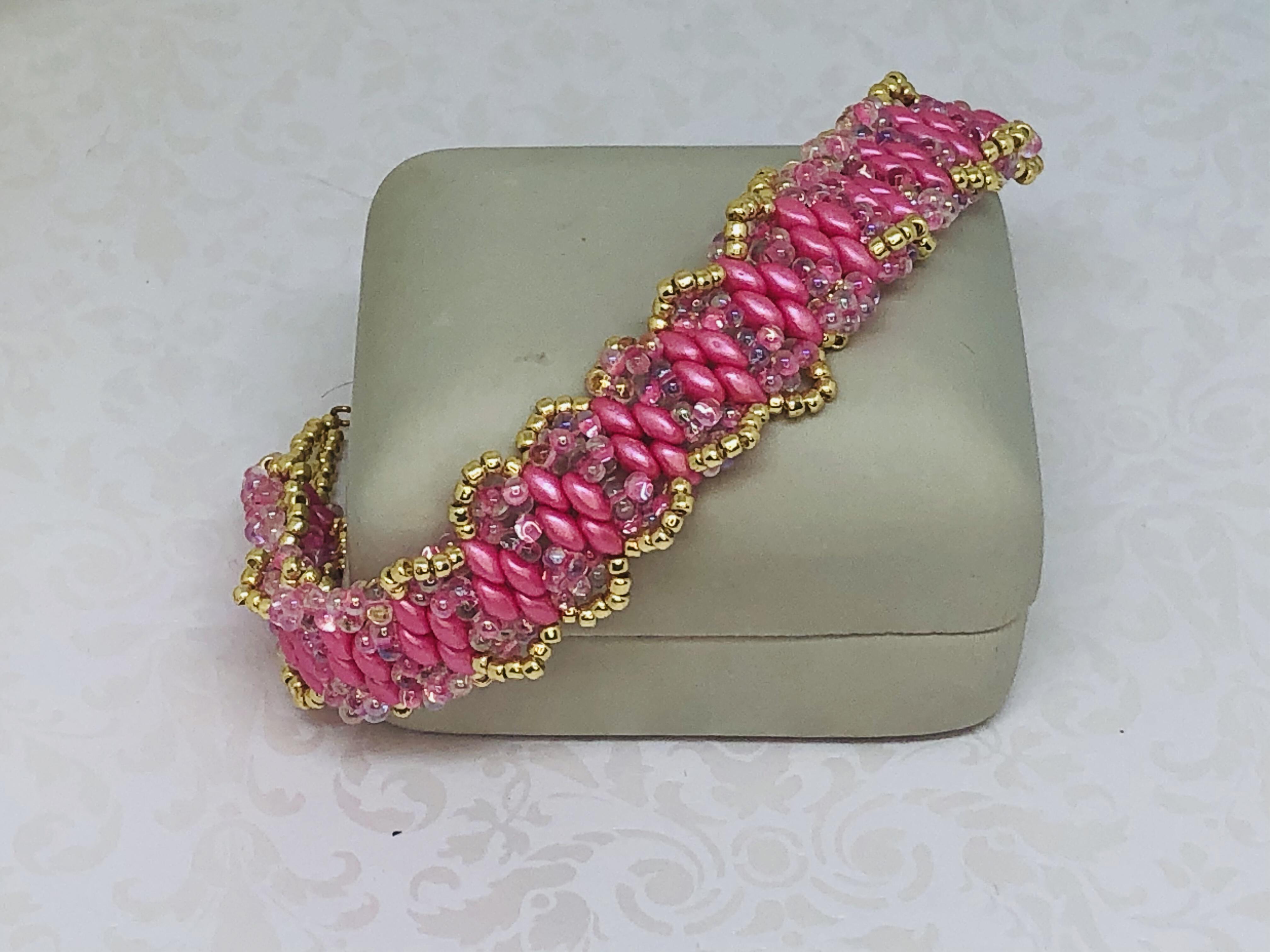 Think Pink Cancer Awareness Gold Crystal Superduo Bracelet