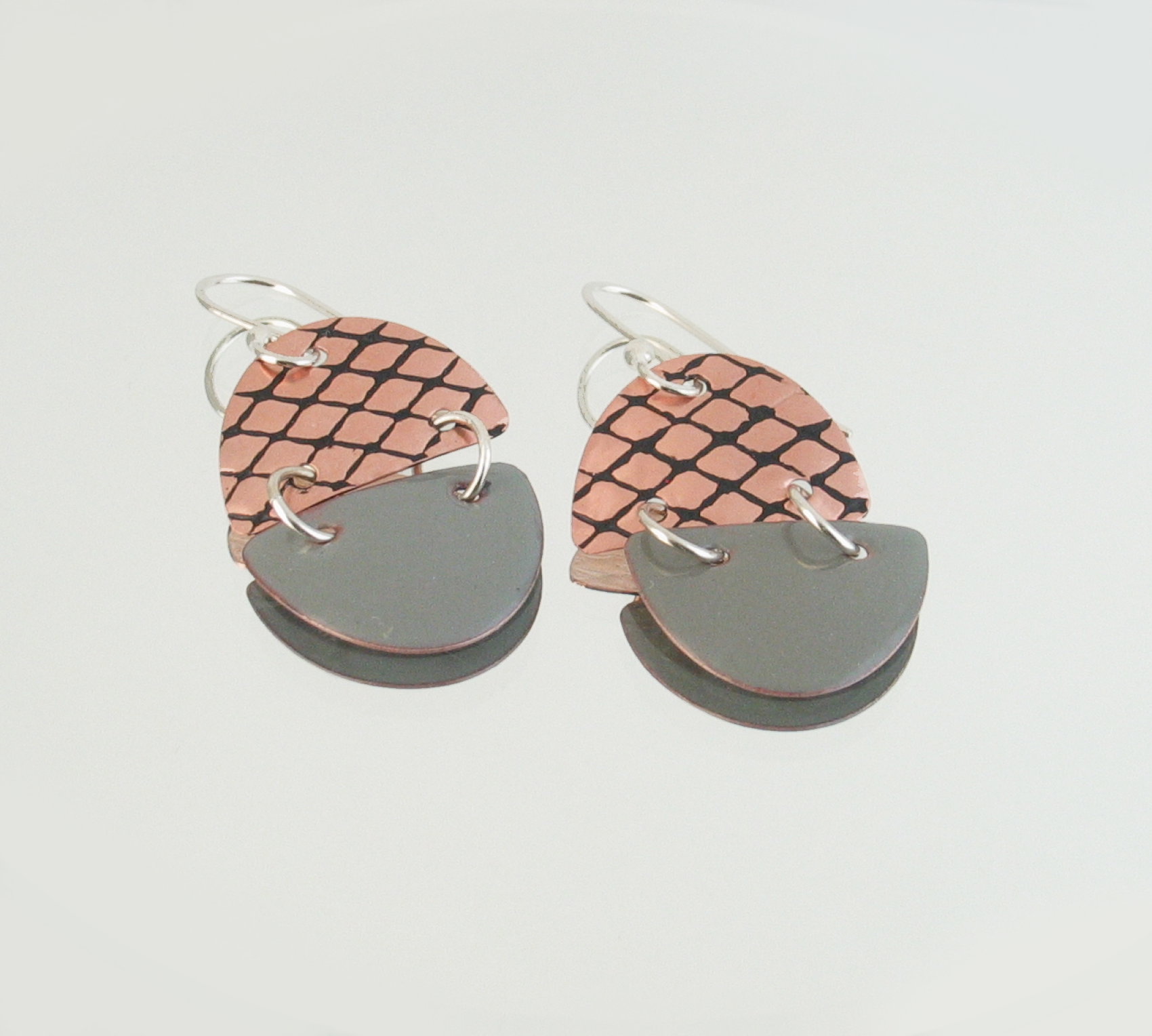 Gray Art Deco Copper Enamel Dangle Earrings