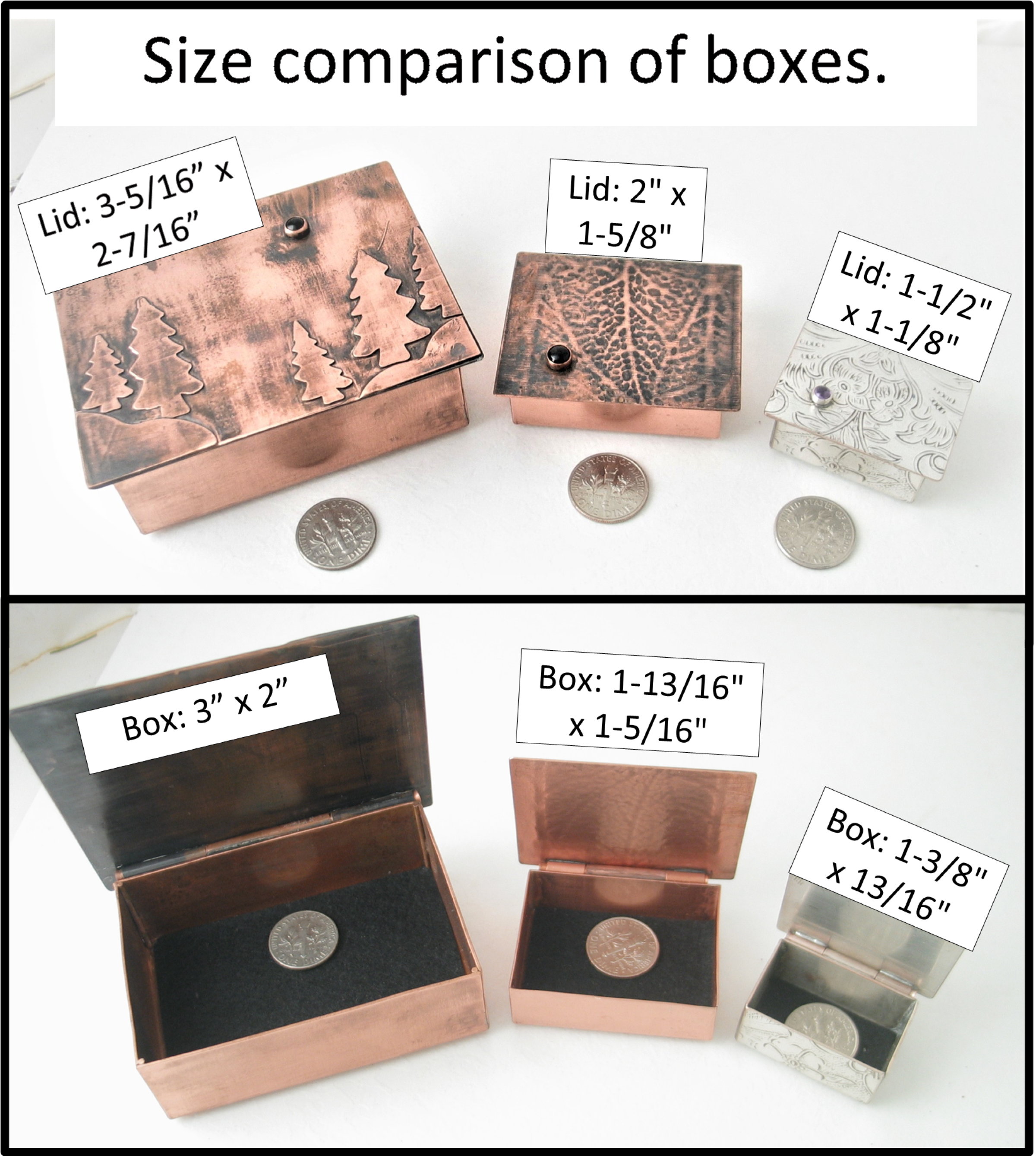 photo of three sizes of copper trinket boxes showing size comparison