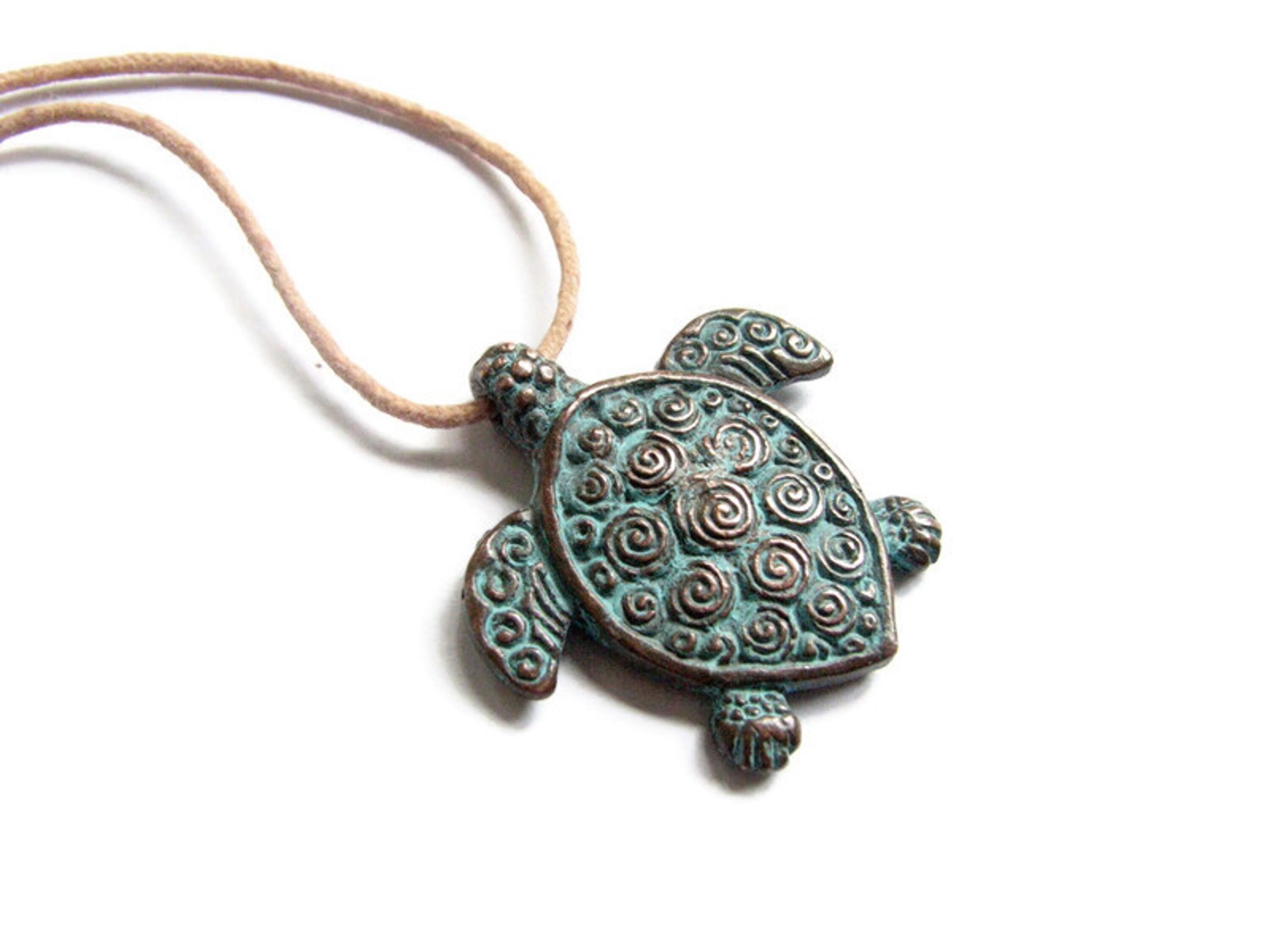 Mykonos Verdigris patina copper sea turtle pendant necklace