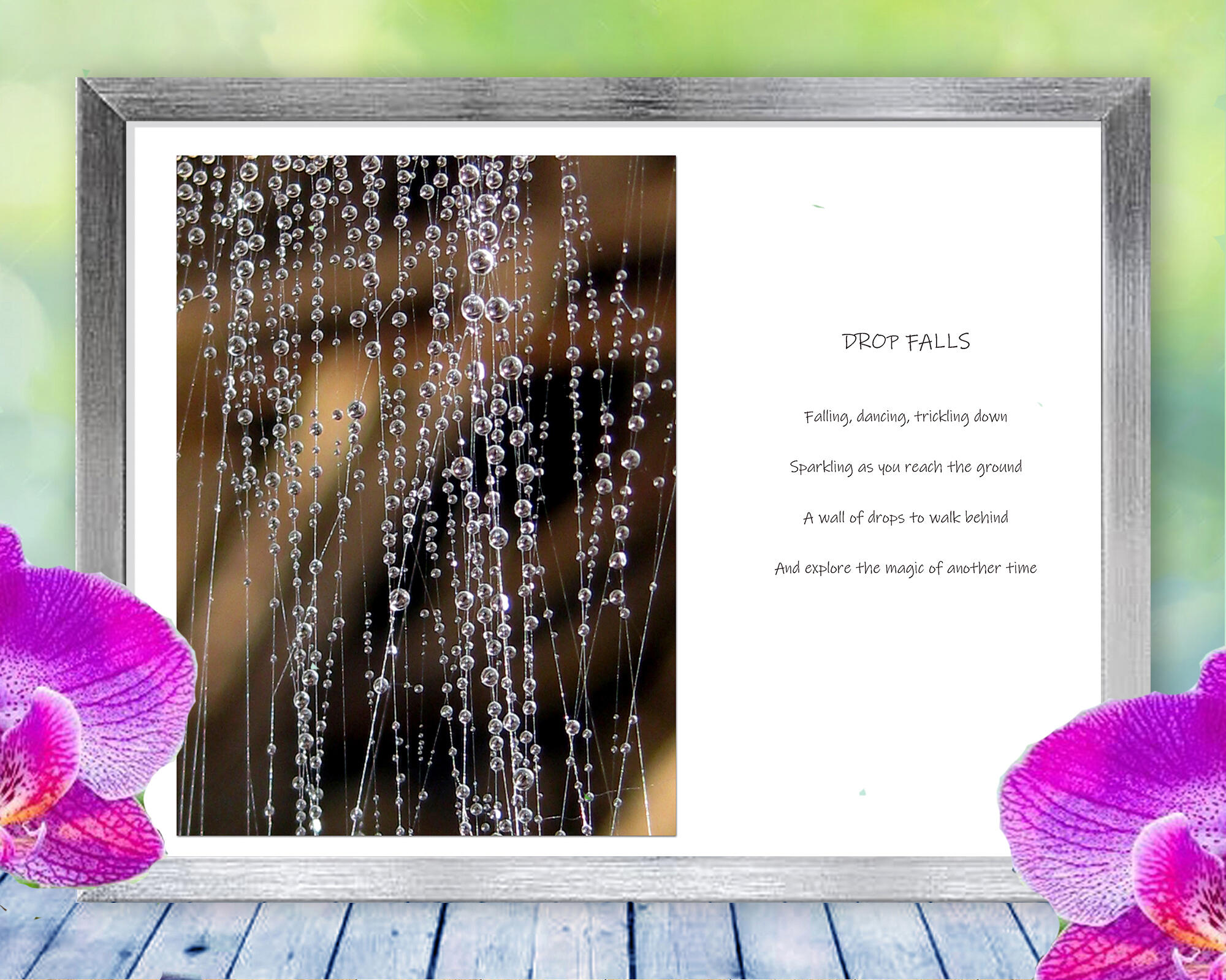 Water drops sparkle as they cascade down in this peaceful, magical, dew drop photo. Print with Poem - Drop Falls by The Poetry of Nature