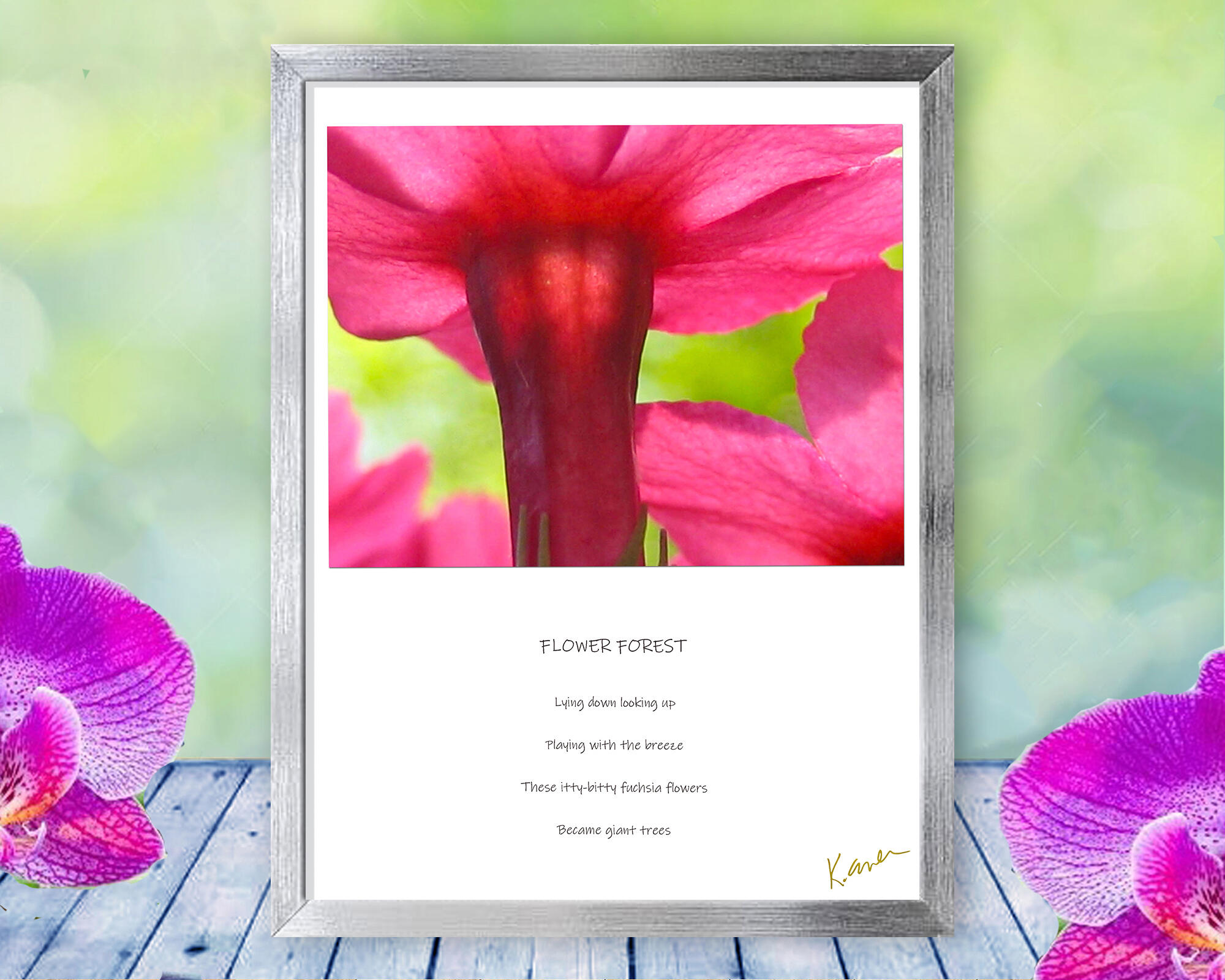 Beautiful pink blossoms tower overhead in this happy, magical, nature photograph. Print with Poem - Flower Forest - by The Poetry of Nature