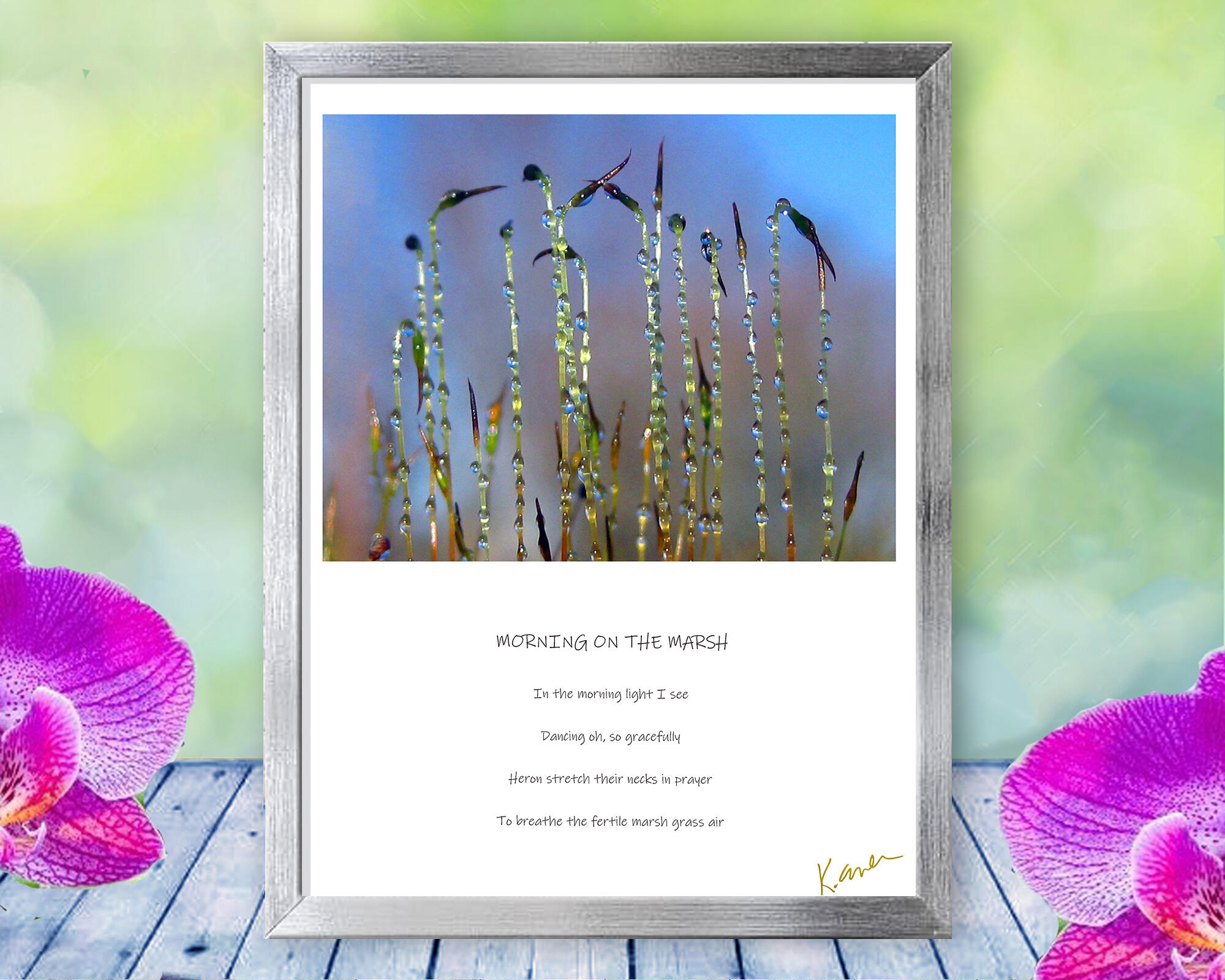 Heron dance on the edge of a lake, or so it seems, in this haunting, beautiful, nature print with poem - Morning on the Marsh by The Poetry of Nature
