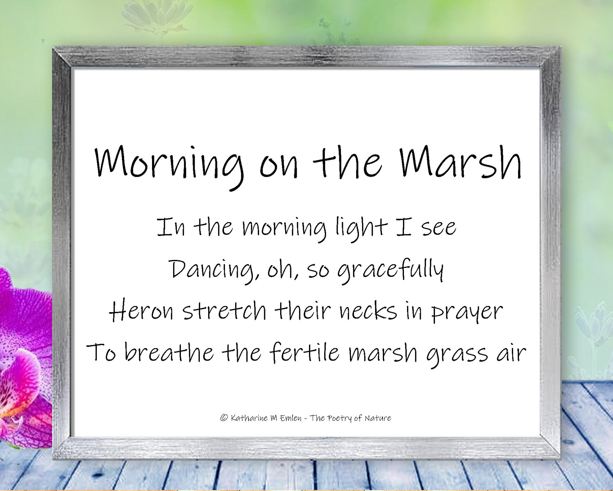 Poem for Morning on the Marsh - Heron dance on the edge of a lake, or so it seems, in this haunting, beautiful, nature print with poem - Morning on the Marsh by The Poetry of Nature
