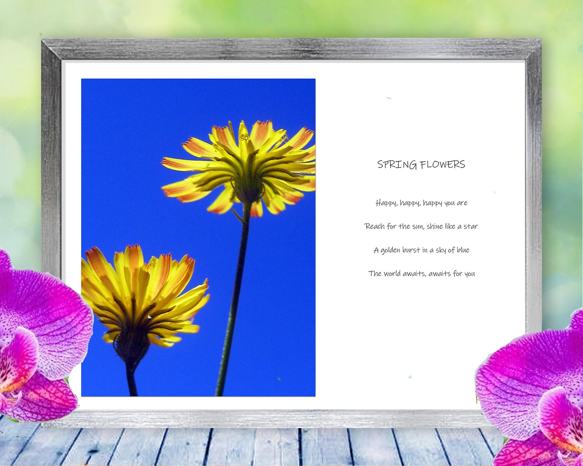 Dandelions dance against a bright blue sky in this happy, positive, nature print with poem - Spring Flowers - by The Poetry of Nature