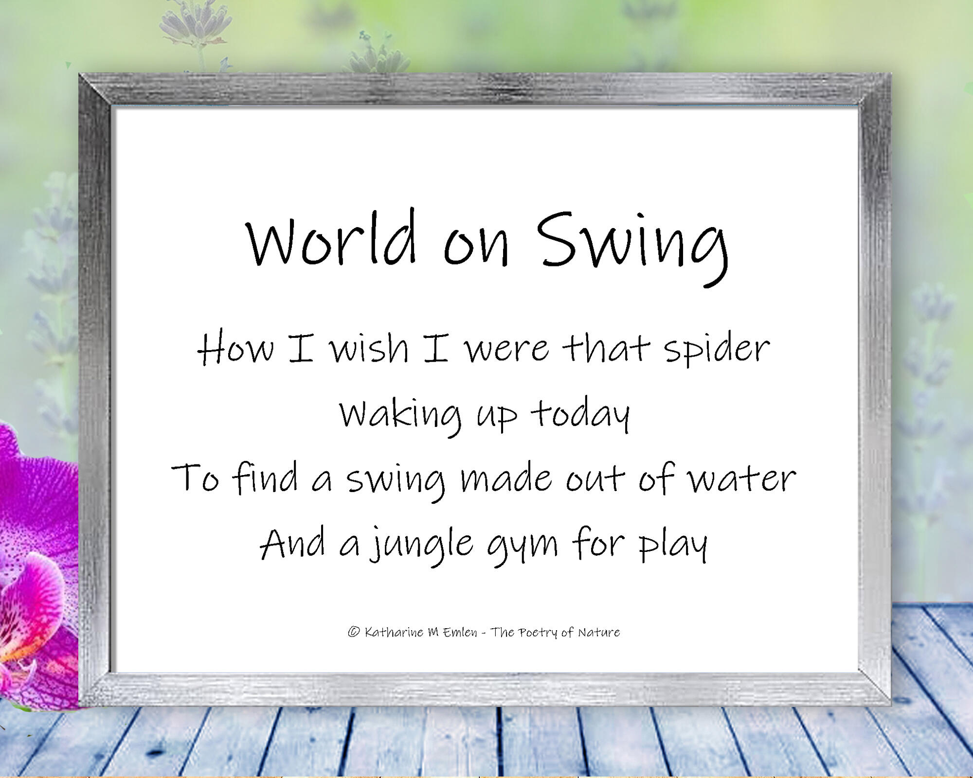 Poem for World on Swing - A water drop jungle gym greets a spider's day in this happy, playful, macro photograph. Print with Poem. - World on Swing by The Poetry of Nature