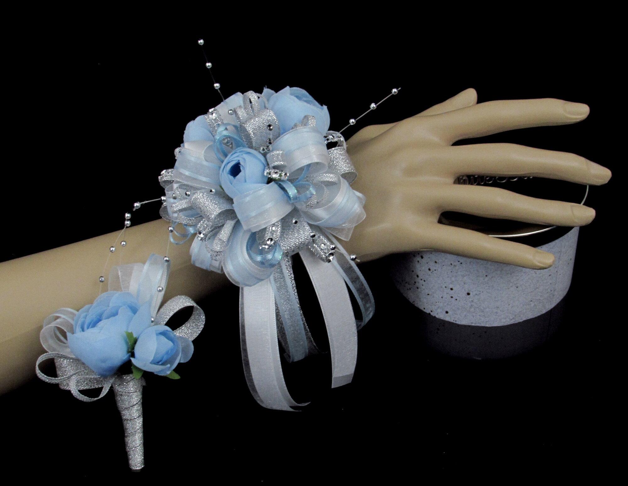 Blue, Silver and White Wrist Corsage and Boutionnere Combo in Kennesaw, GA