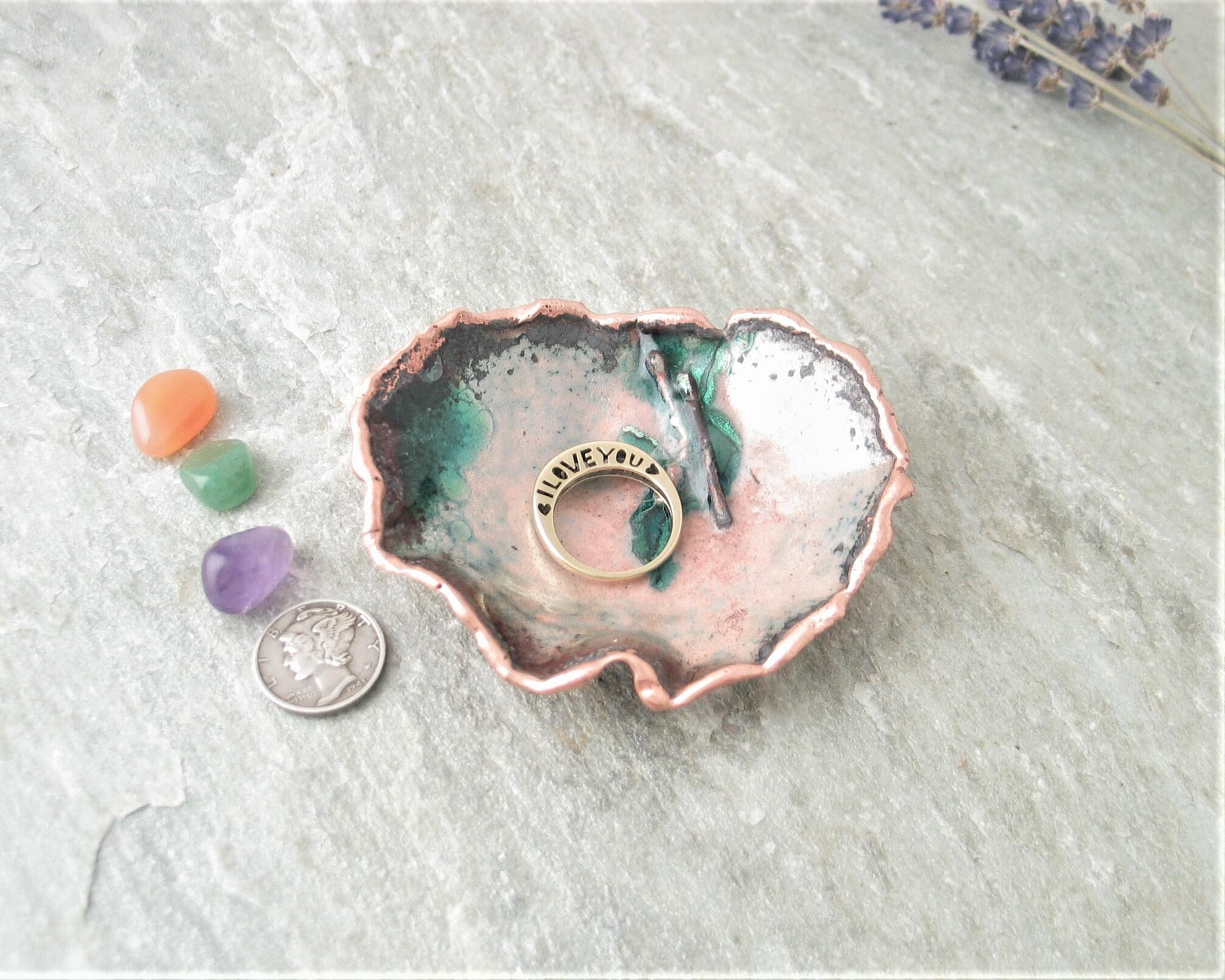 free form copper enamel trinket dish shown with coins and I Love You ring as size comparison