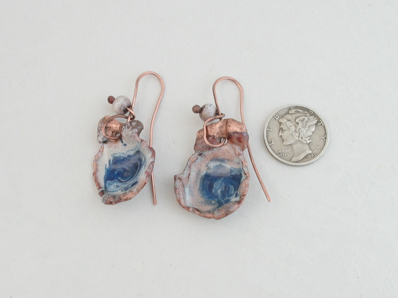 Handmade Royal Blue and White Enamel on Melted Copper Dangle Earrings