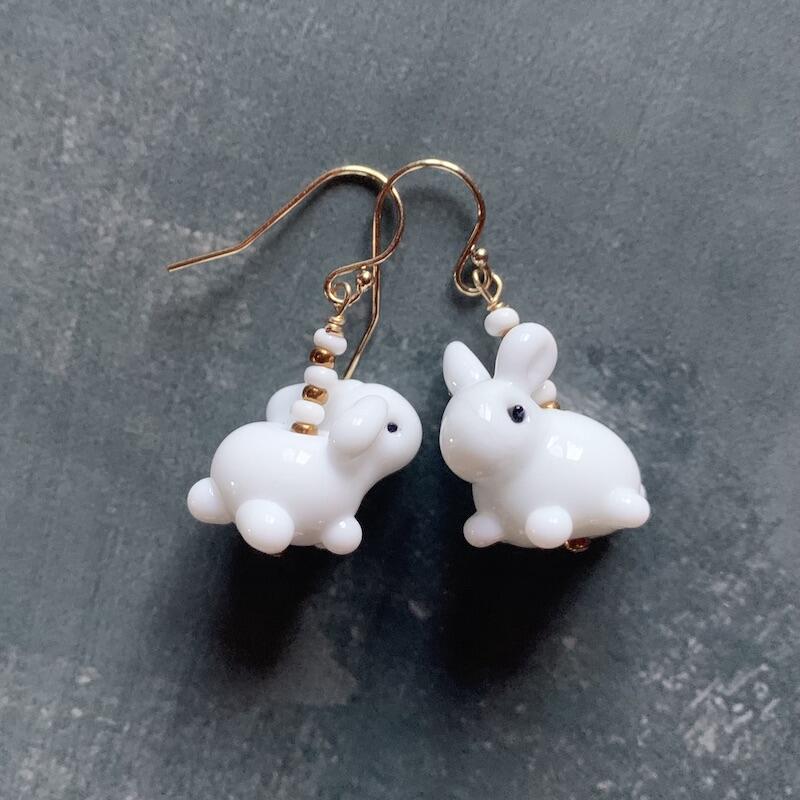 White and Clear Lamp Work Bunny Rabbit Bead Earrings Adorned With Clear  Czech Glass Beads. 