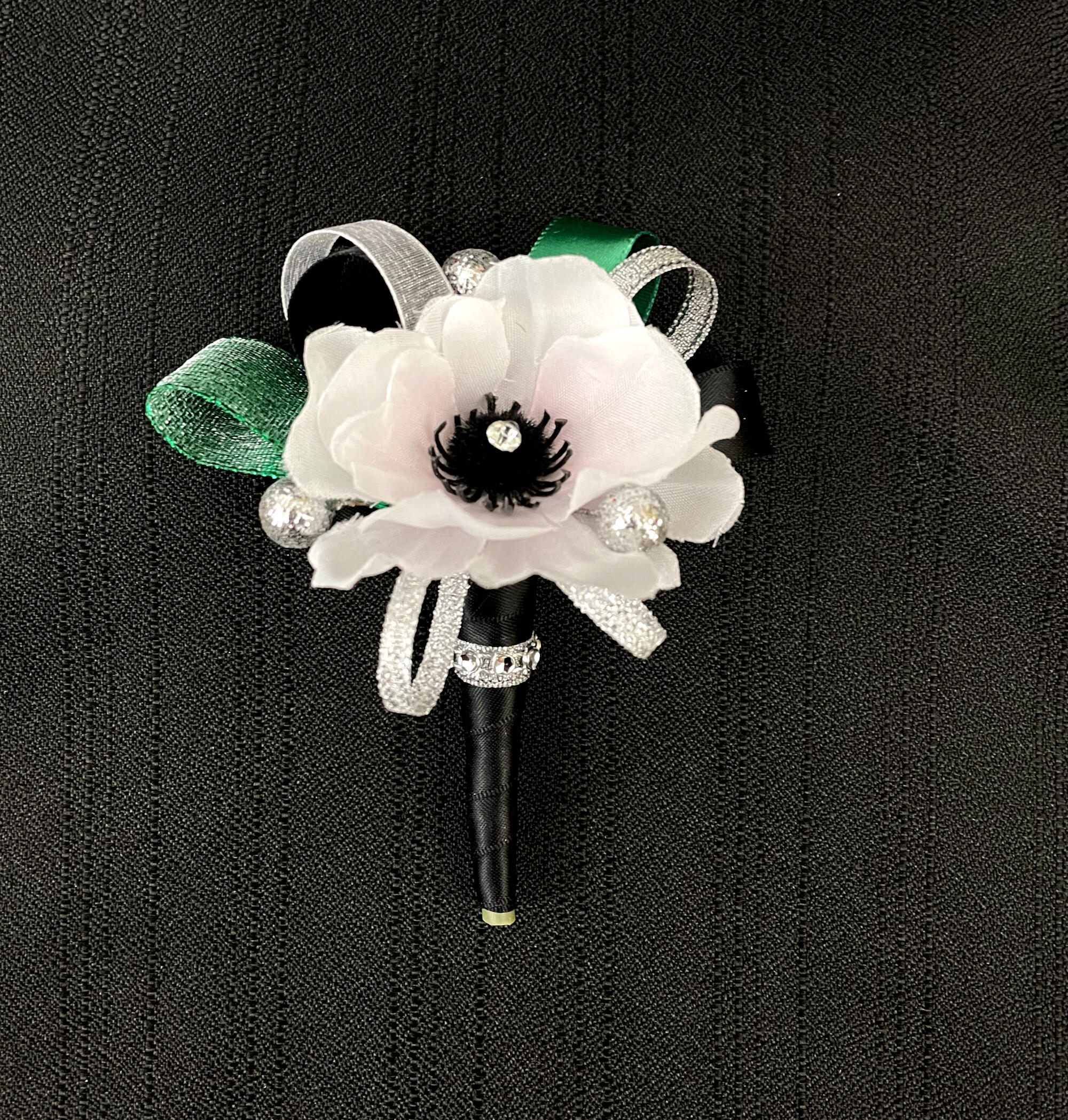 Emerald Green and Silver Wrist Corsage or Boutonnière 