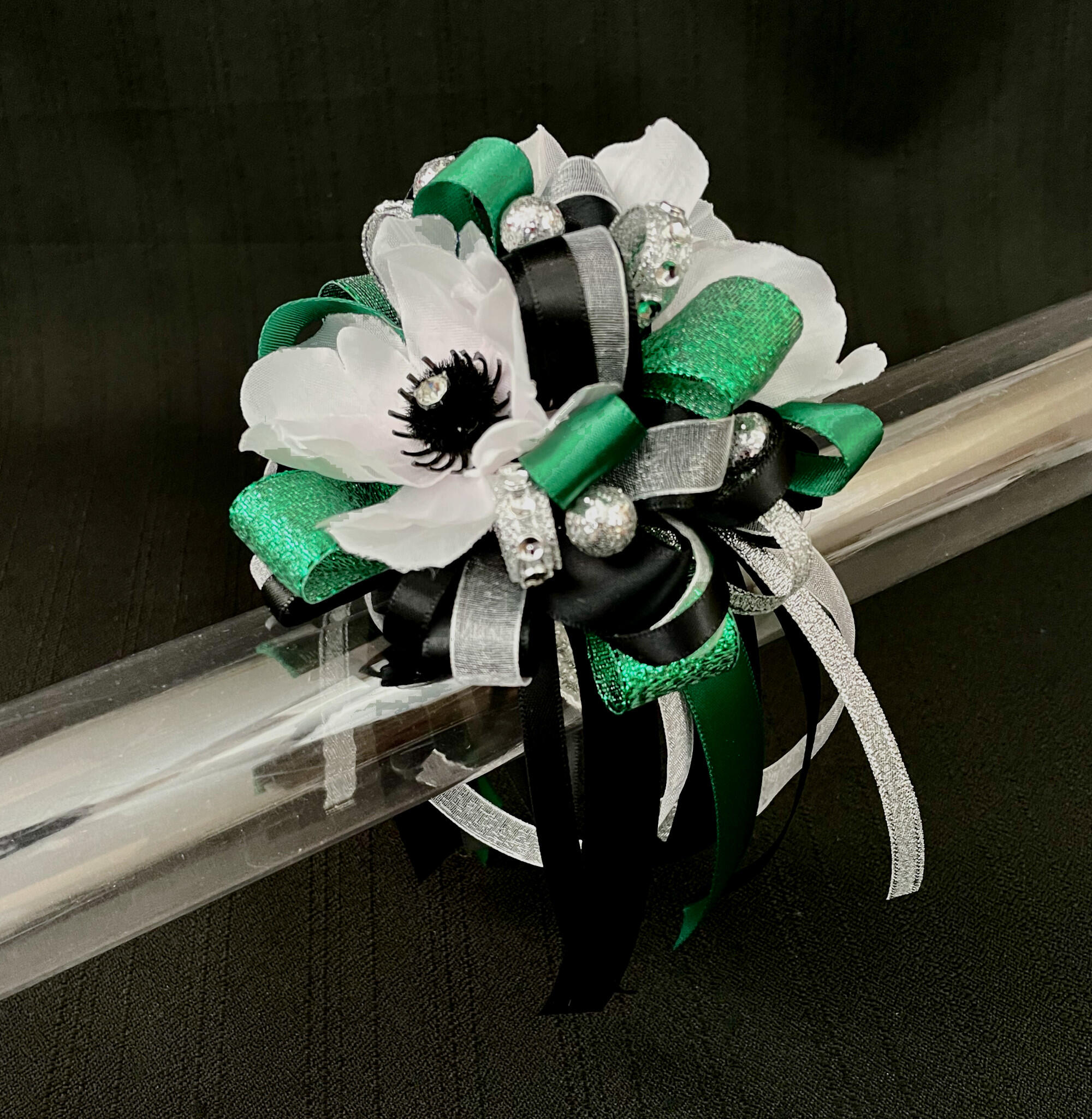 Emerald Green and Silver Wrist Corsage or Boutonnière 