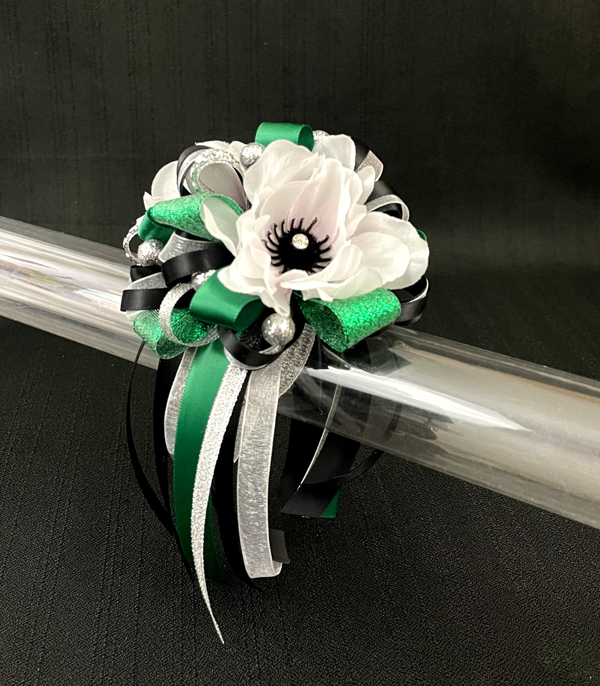 Emerald Green and Silver Wrist Corsage or Boutonnière 