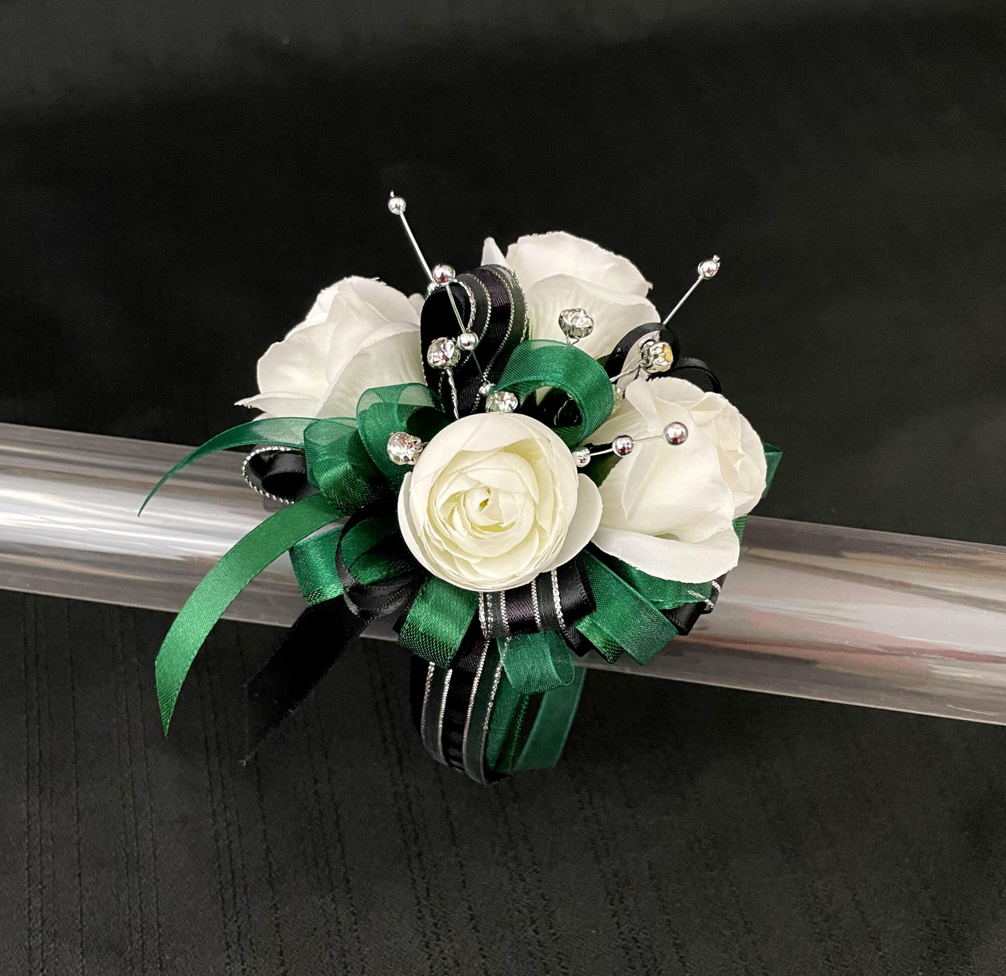 Emerald Green and Silver Wrist Corsage or Boutonnière 