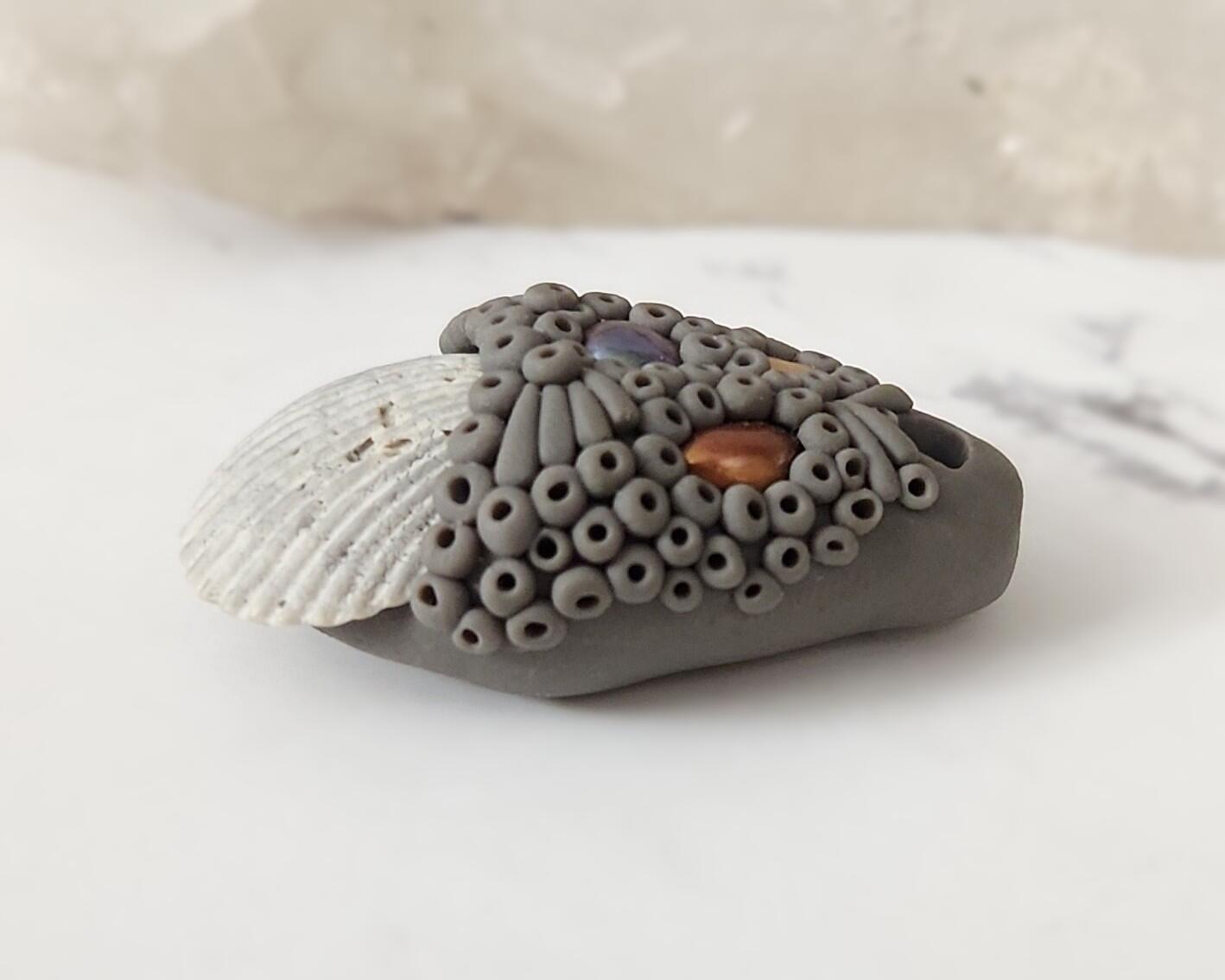 Grey Shell and Pearl Polymer Clay Pendant